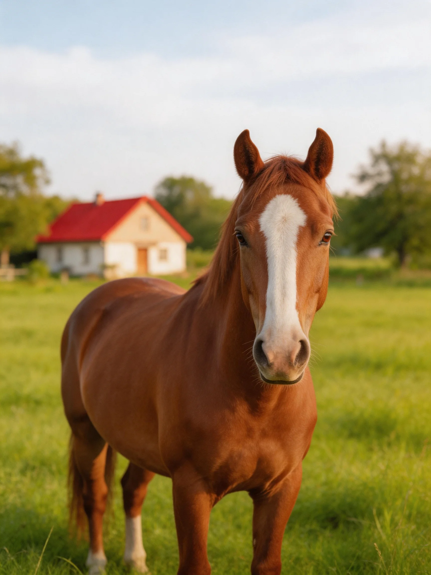 A chestnut horse with a white blaze stands in a green meadow near a red-roofed house
