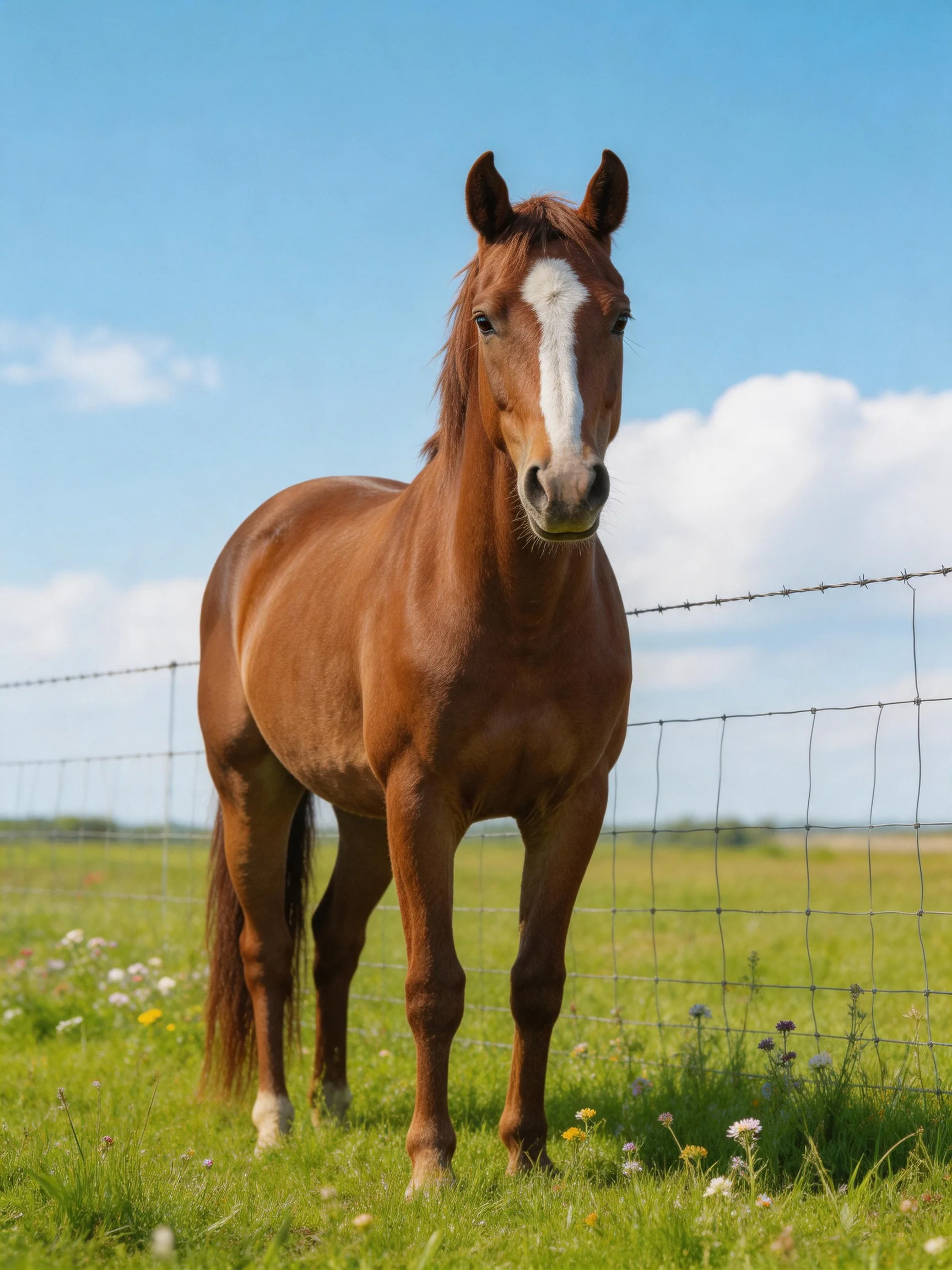 A chestnut horse with a white blaze stands in a green pasture by a wire fence