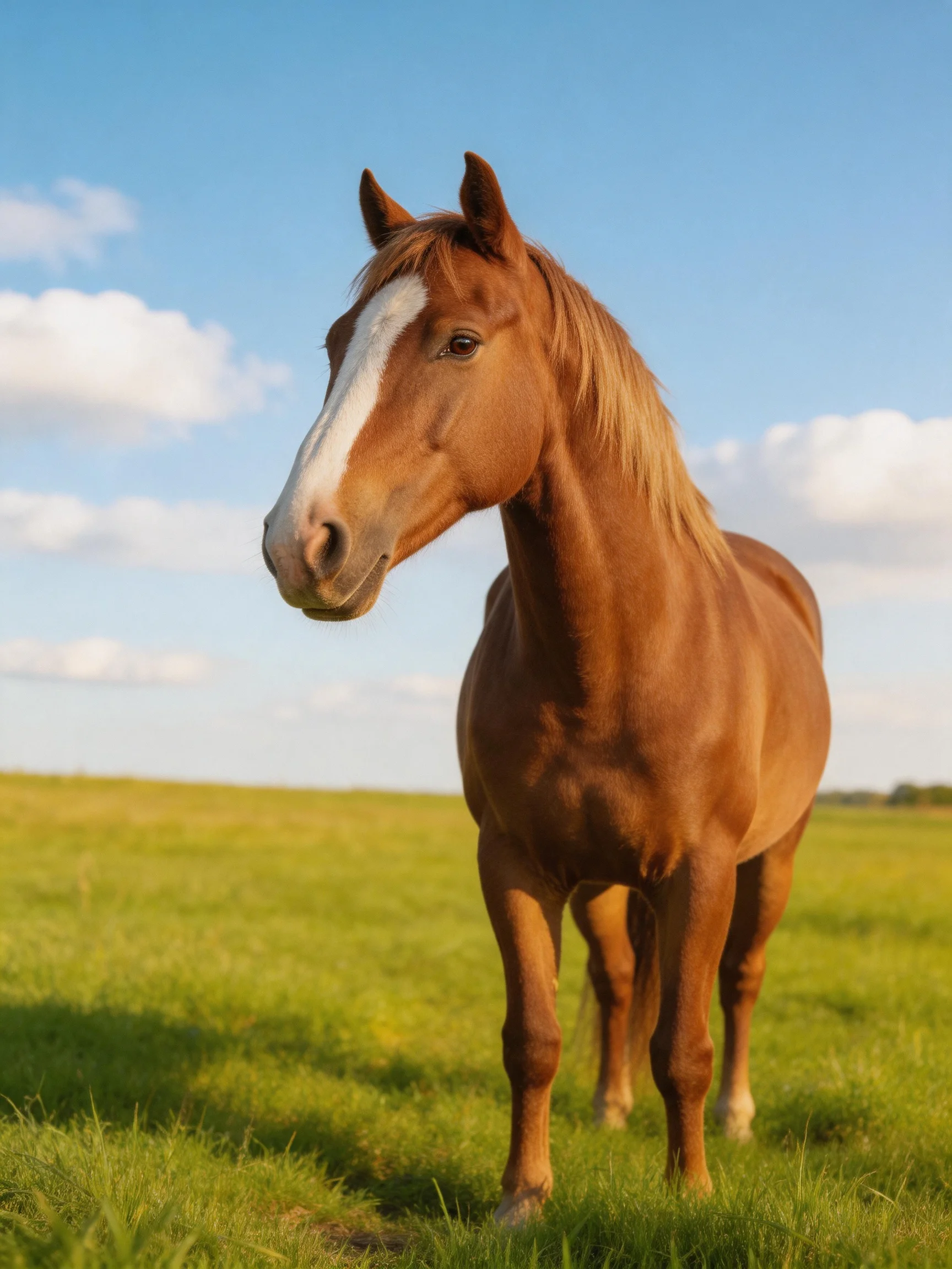 A chestnut horse with a white blaze stands in a sunlit green meadow.