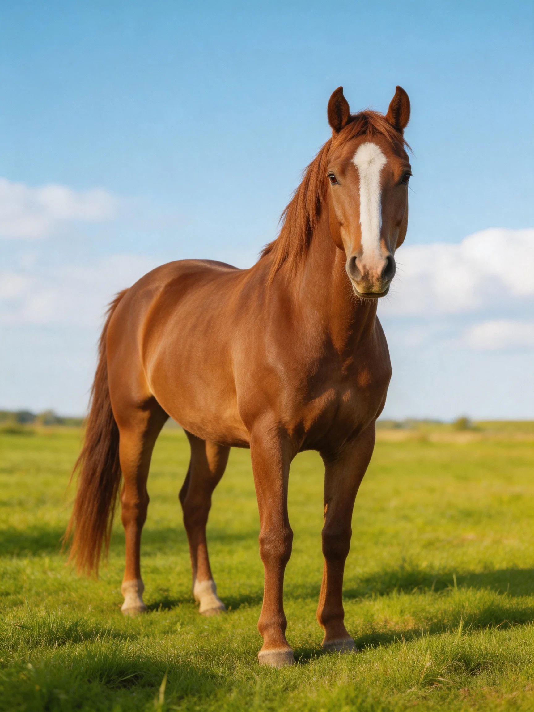 A chestnut horse with a white blaze stands in a lush green meadow