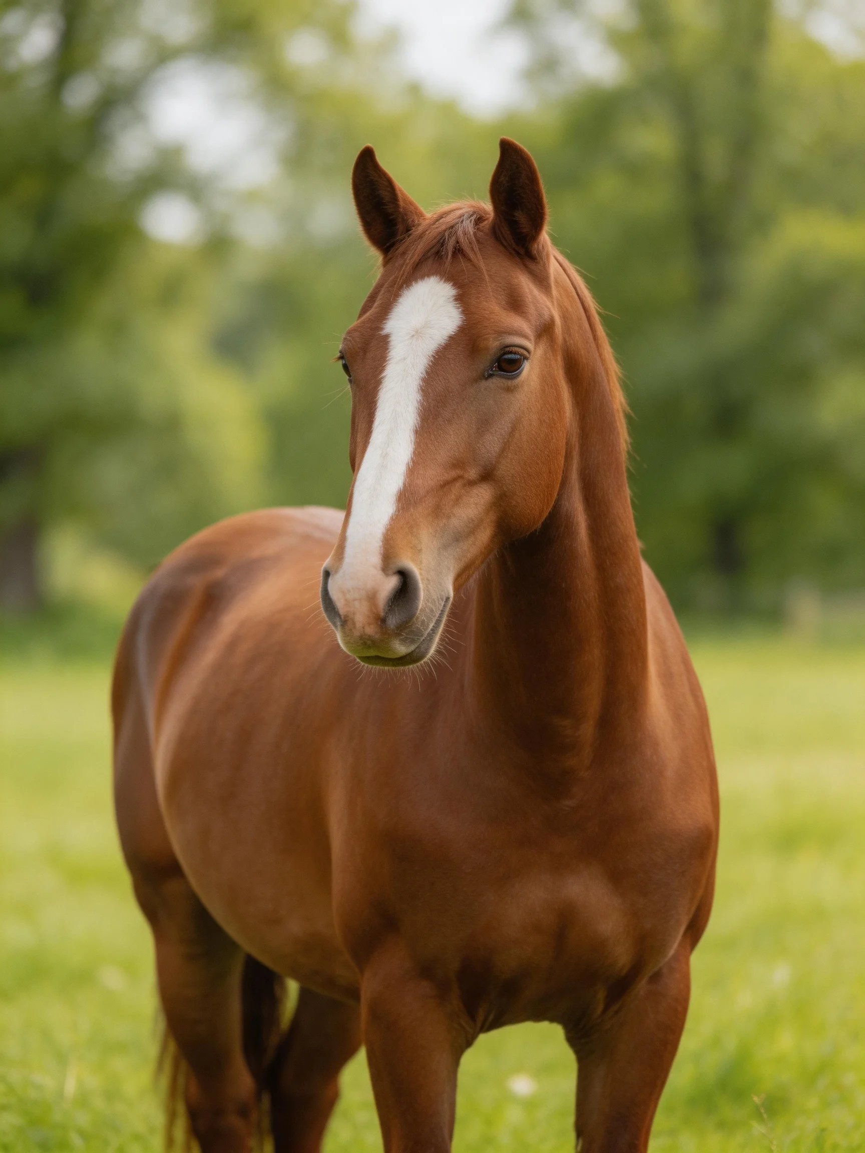 A chestnut horse with a white blaze stands in a sunlit meadow