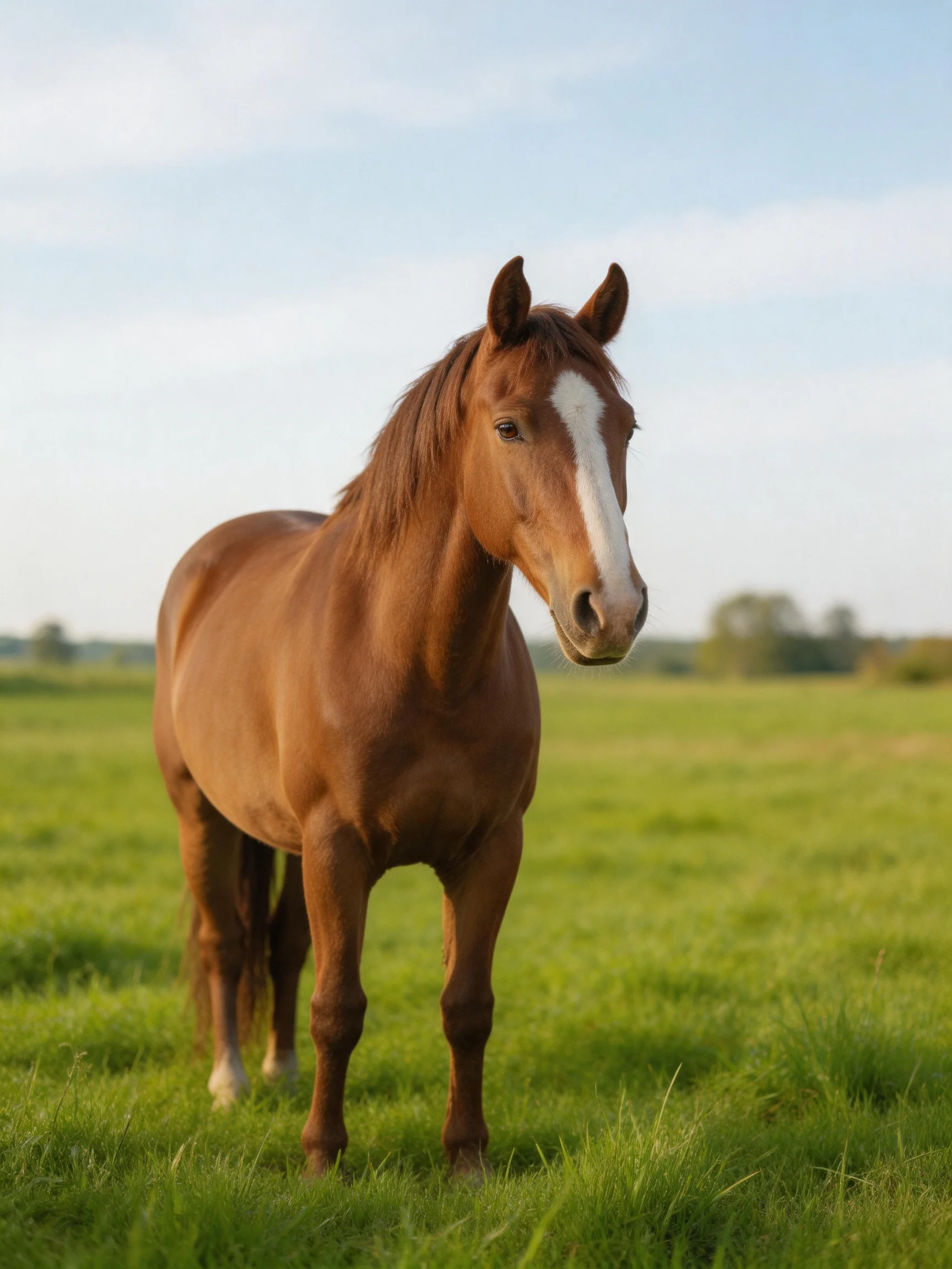 A chestnut horse with a white blaze stands in a lush green meadow