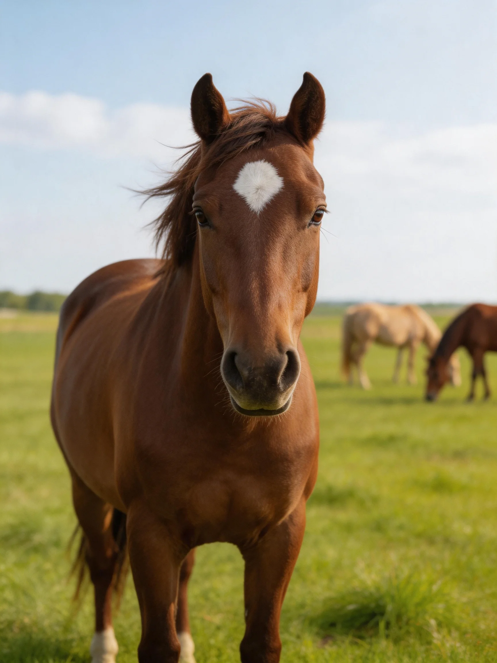 A chestnut horse with a white blaze stands in a lush green meadow