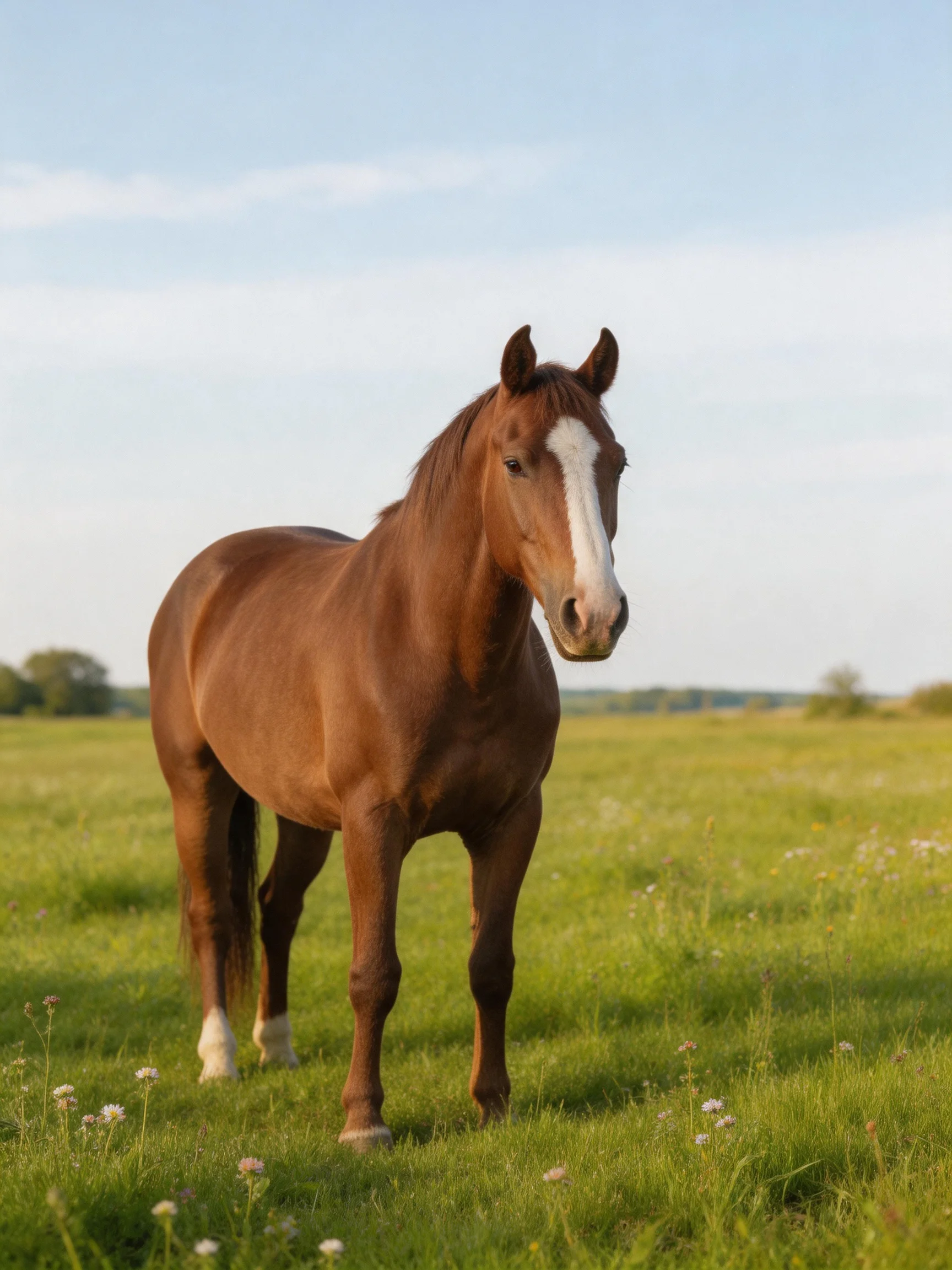 A chestnut horse with a white blaze stands in a lush green meadow