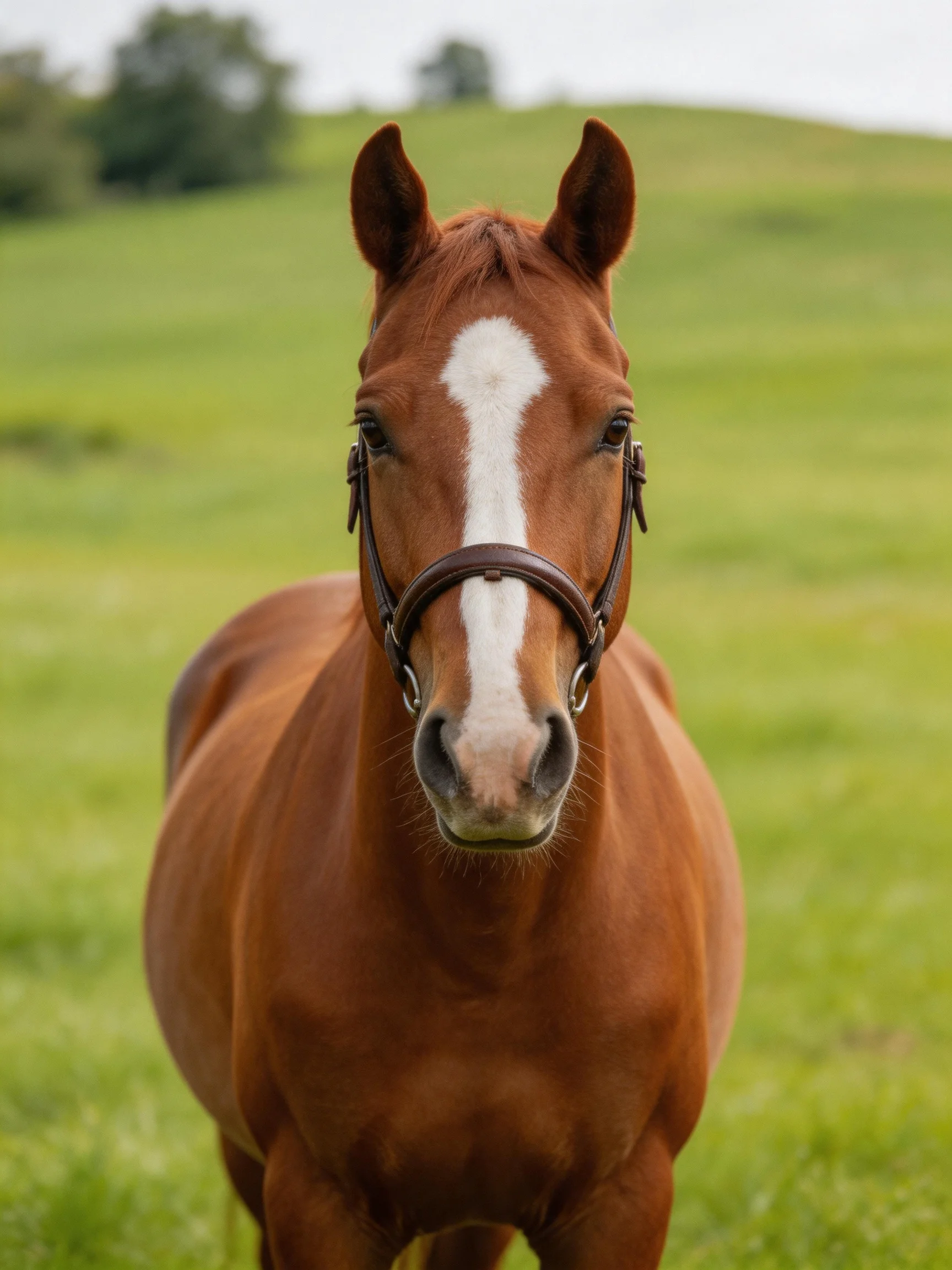 A chestnut horse with a white blaze stands in a green meadow.