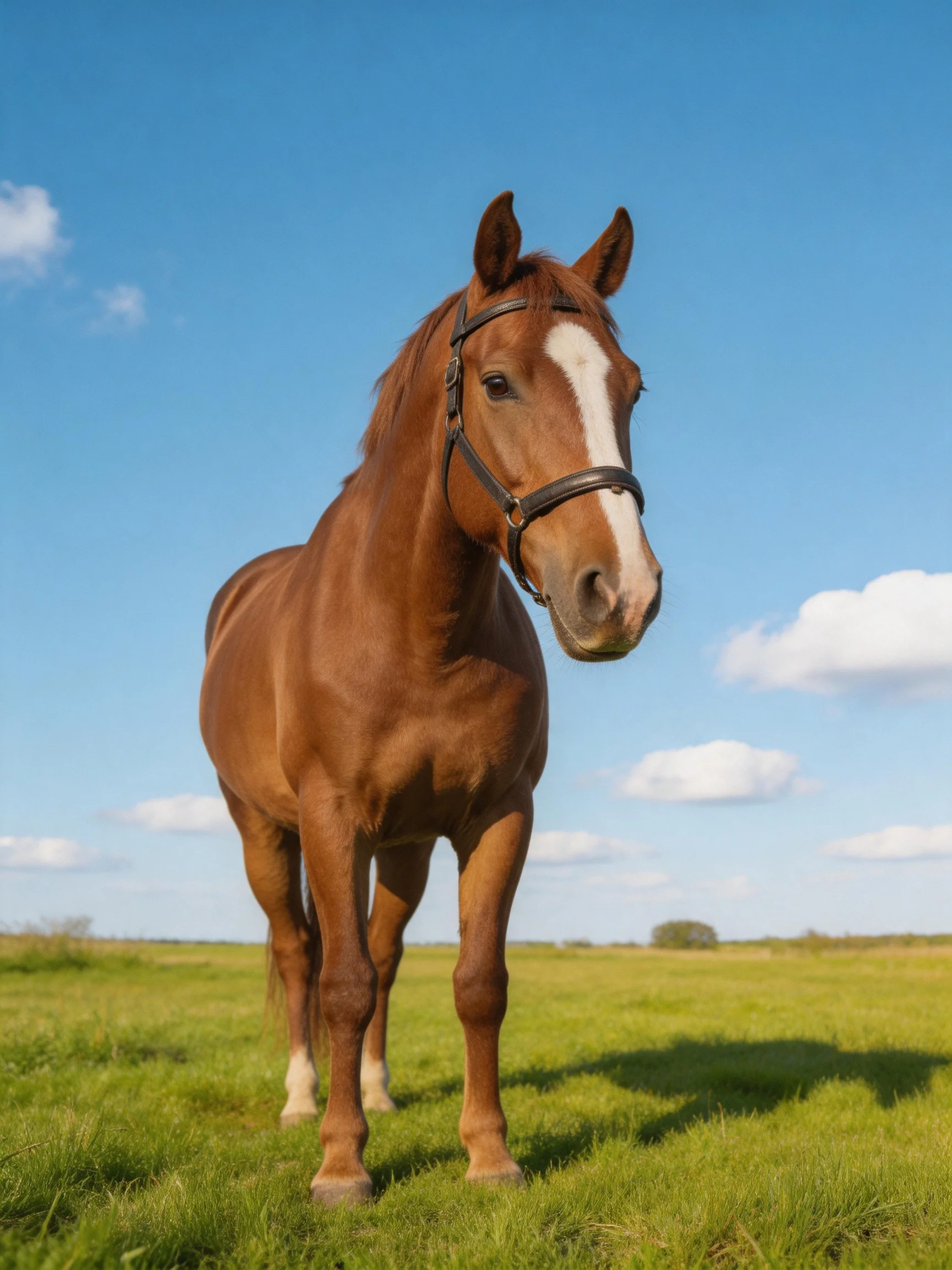 A chestnut horse with a white blaze stands in a lush green meadow