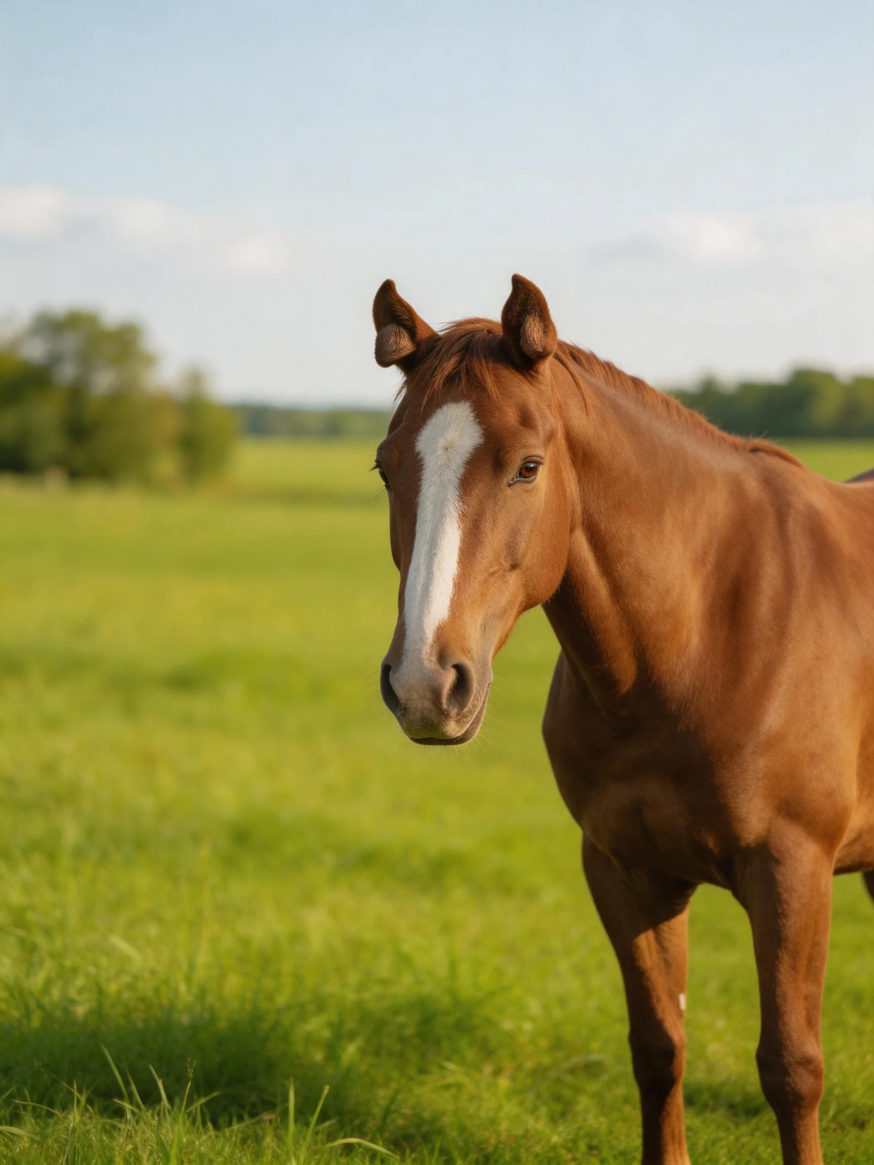 A chestnut horse with a white blaze stands in a lush green meadow
