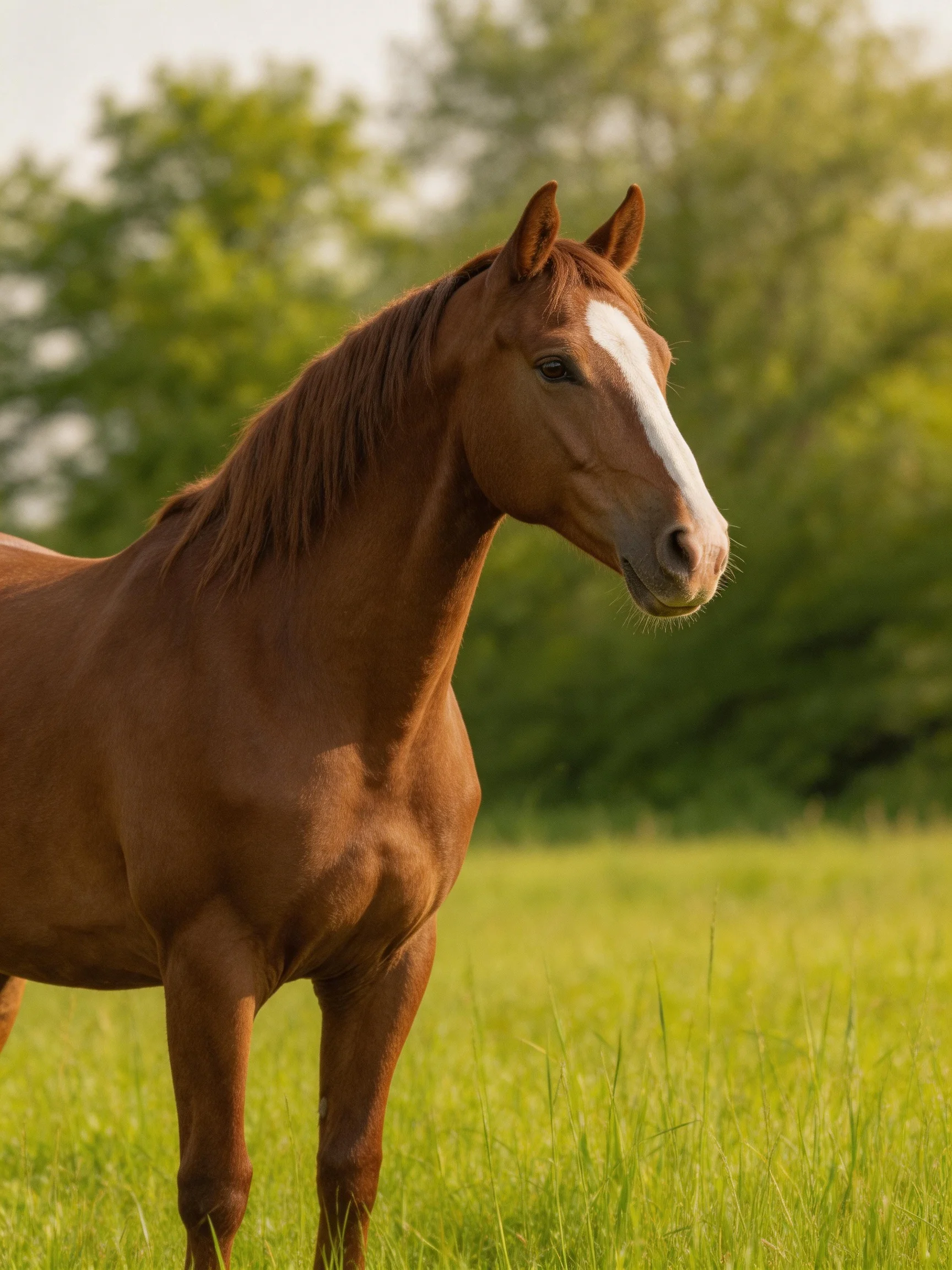 A chestnut horse with a white blaze stands in a sunlit green meadow.