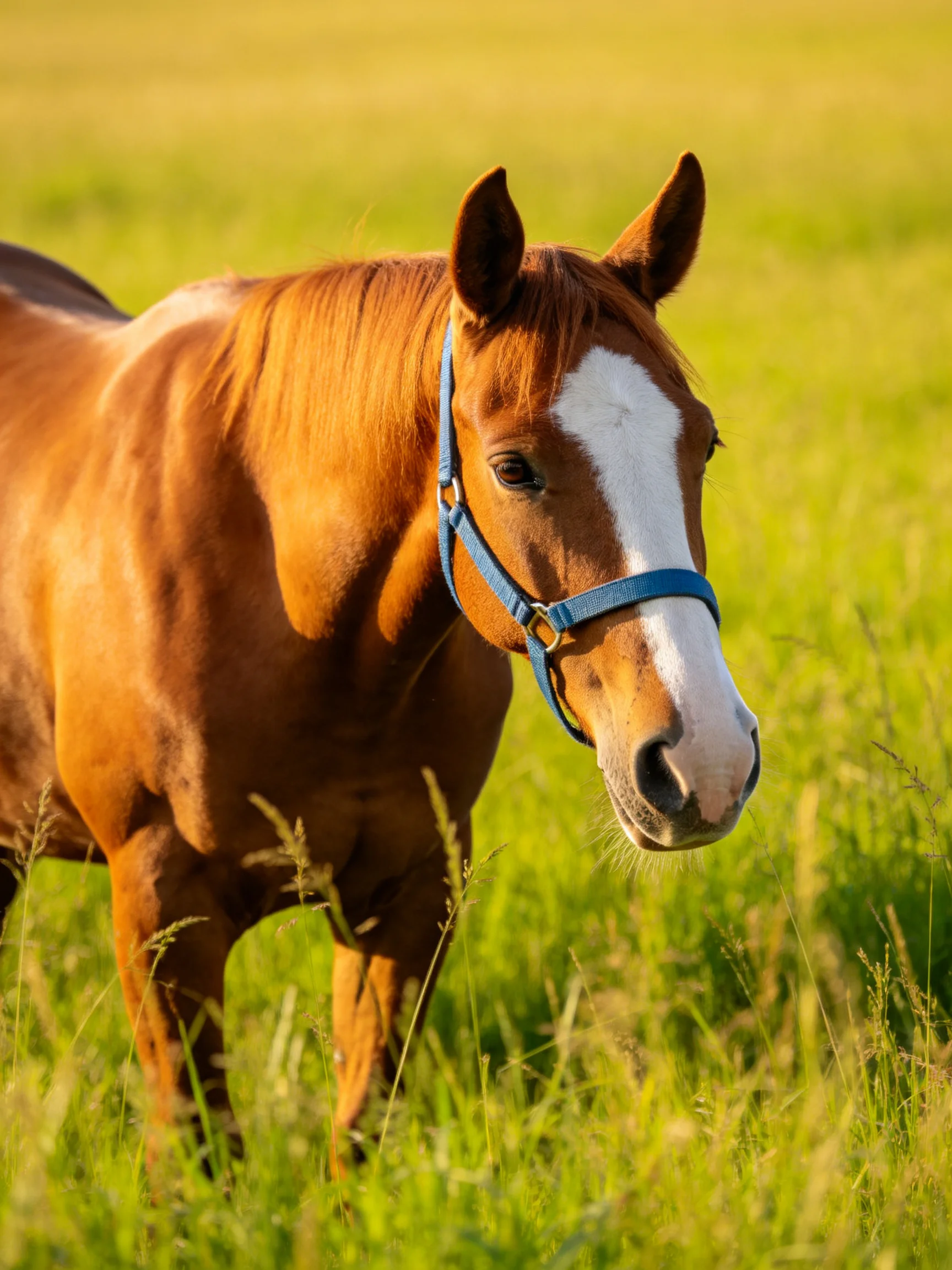 A chestnut horse with a white blaze stands in a sunlit green field.