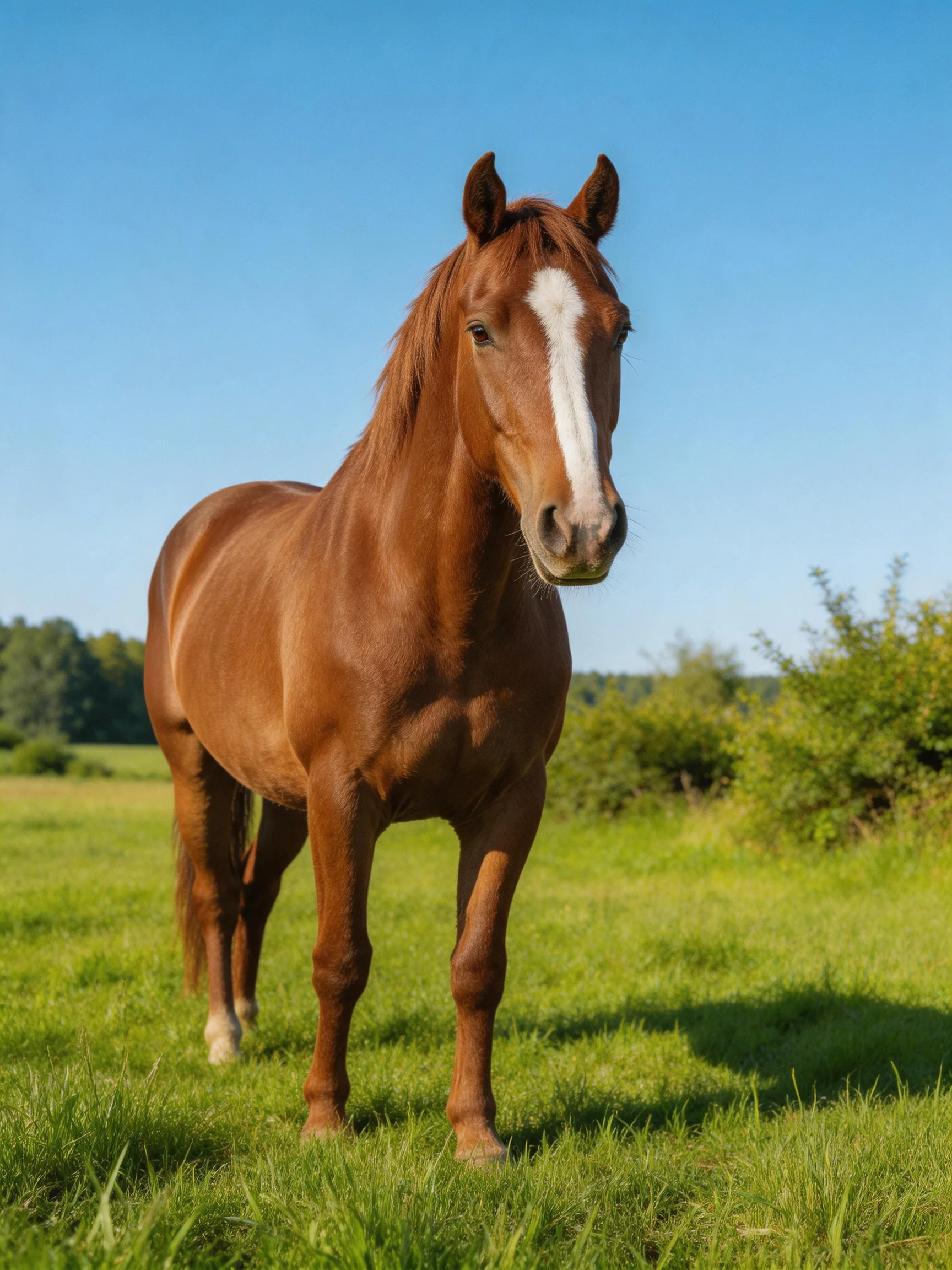 A chestnut horse with a white blaze stands in a lush green meadow under a clear blue sky