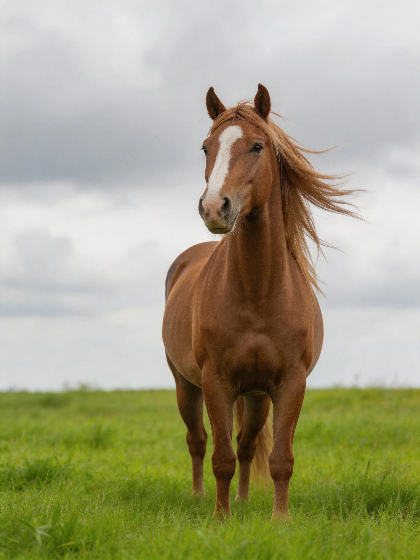 A chestnut horse with a white blaze stands in a green meadow under cloudy skies.