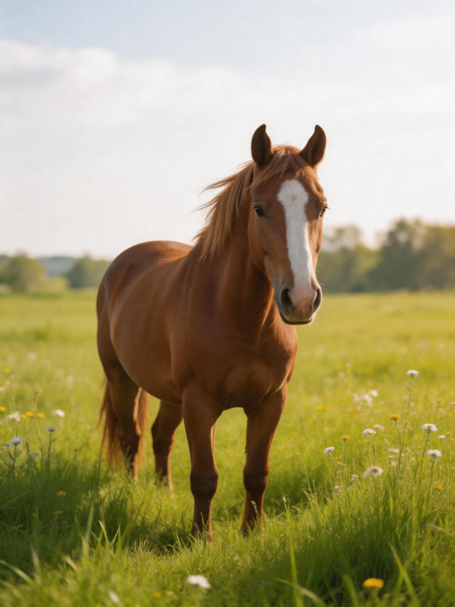 A chestnut horse with a white blaze stands in a lush green meadow