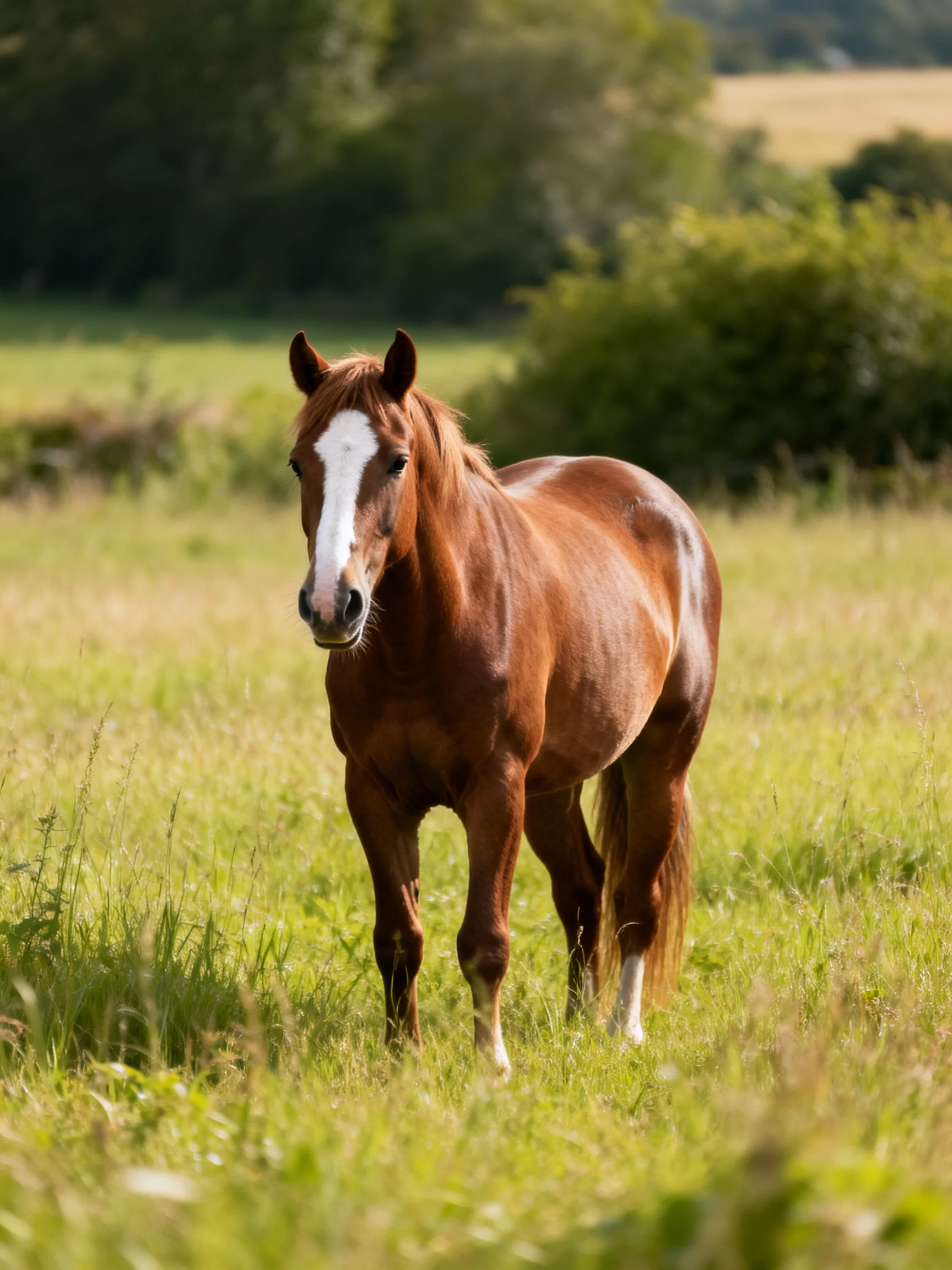 A chestnut horse with a white blaze stands in a lush green meadow