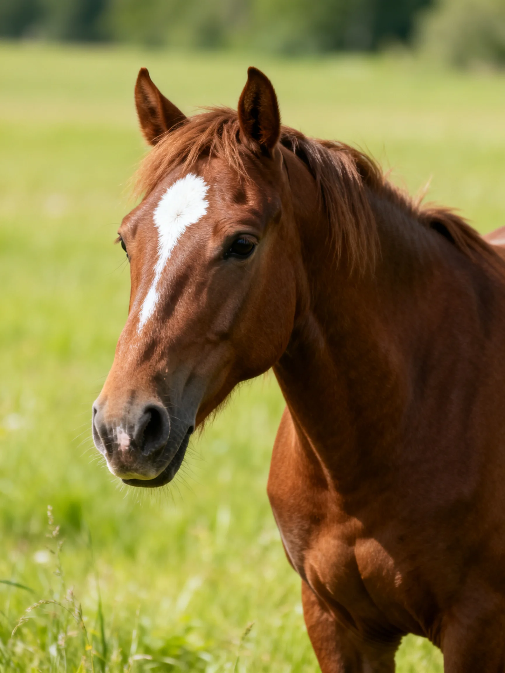 A chestnut horse with a white blaze stands in a lush green meadow