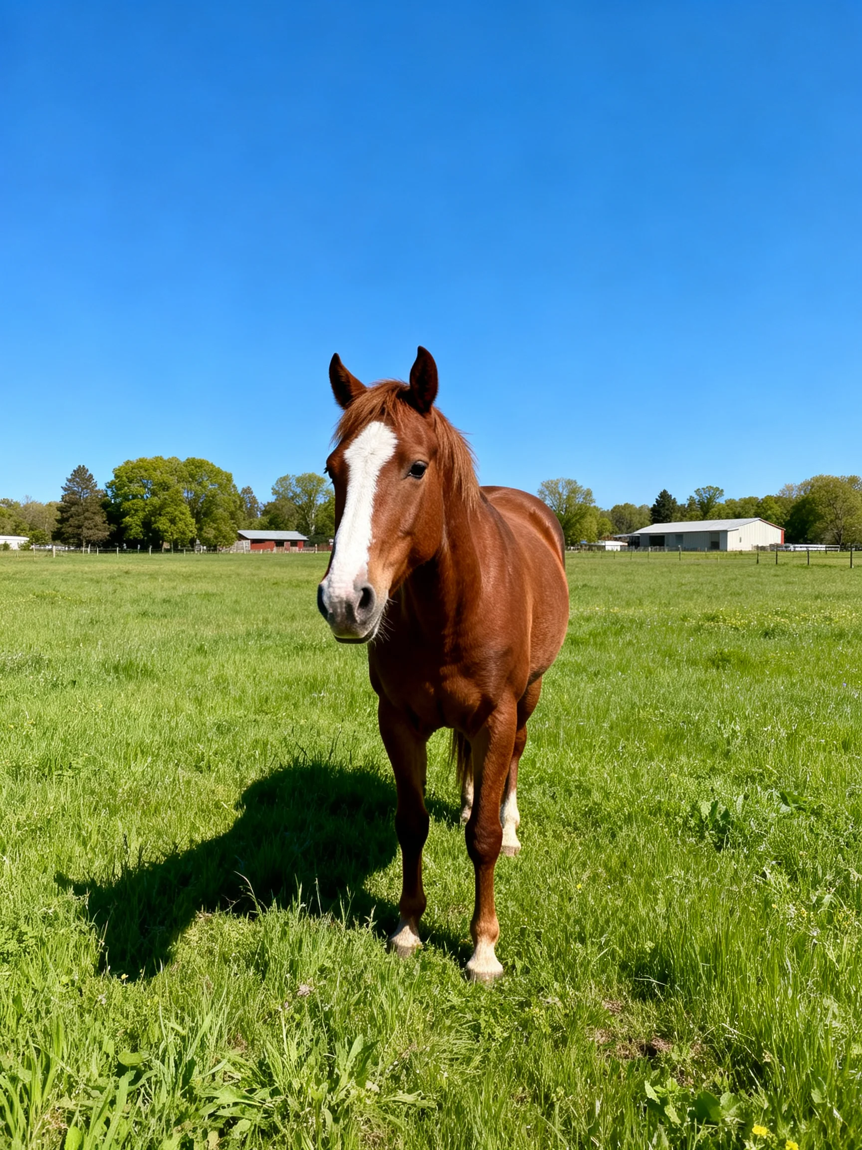 A brown horse with a white face stands in a sunlit green pasture
