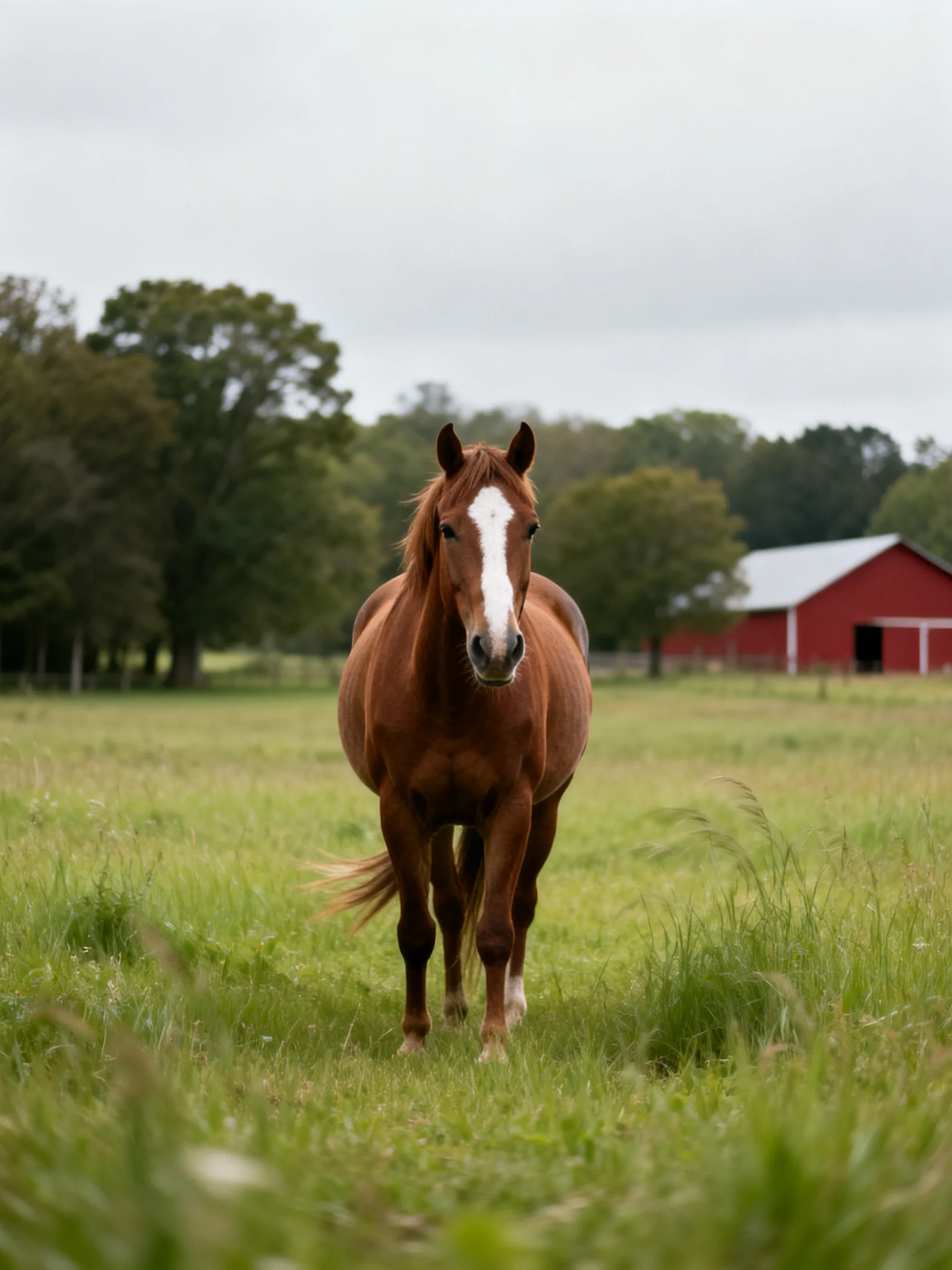 A chestnut horse with a white blaze stands in a lush green pasture near a red barn
