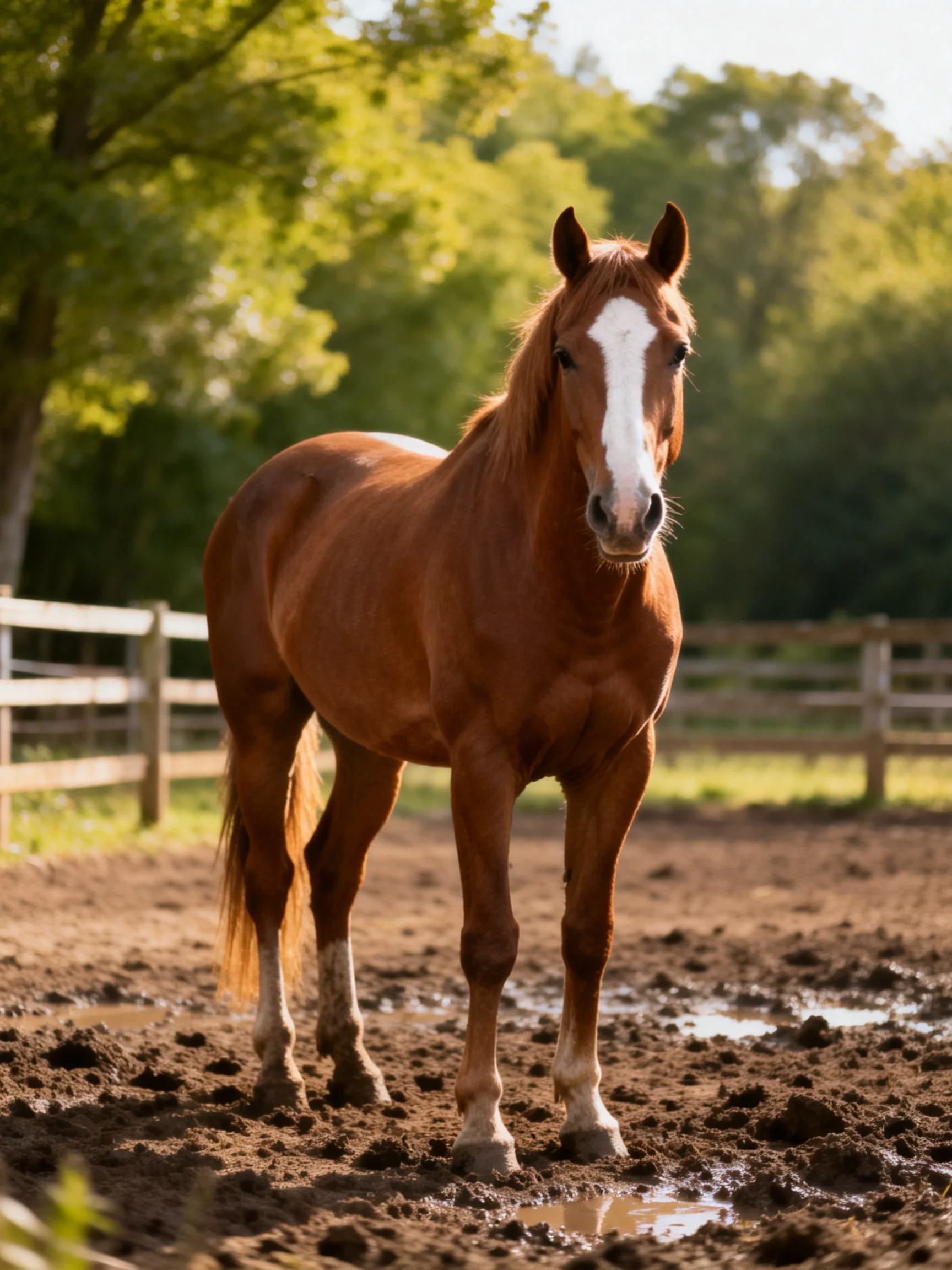 A chestnut horse with a white blaze stands in a muddy paddock
