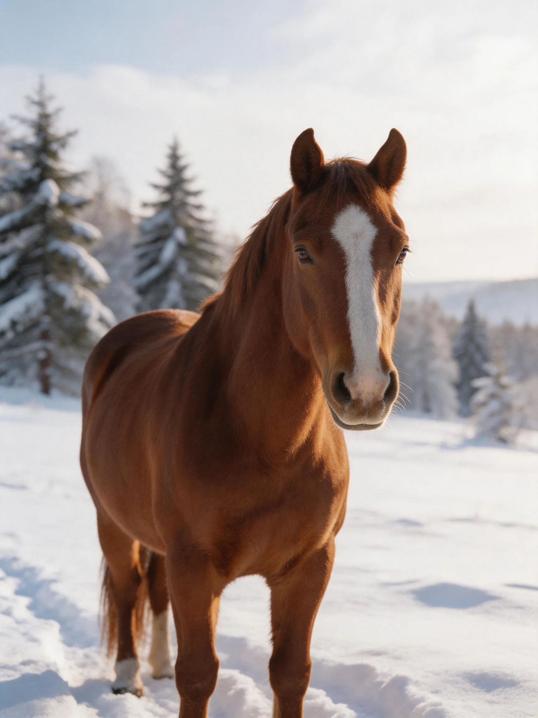 A chestnut horse with a white blaze stands in a snowy landscape with snow - covered trees