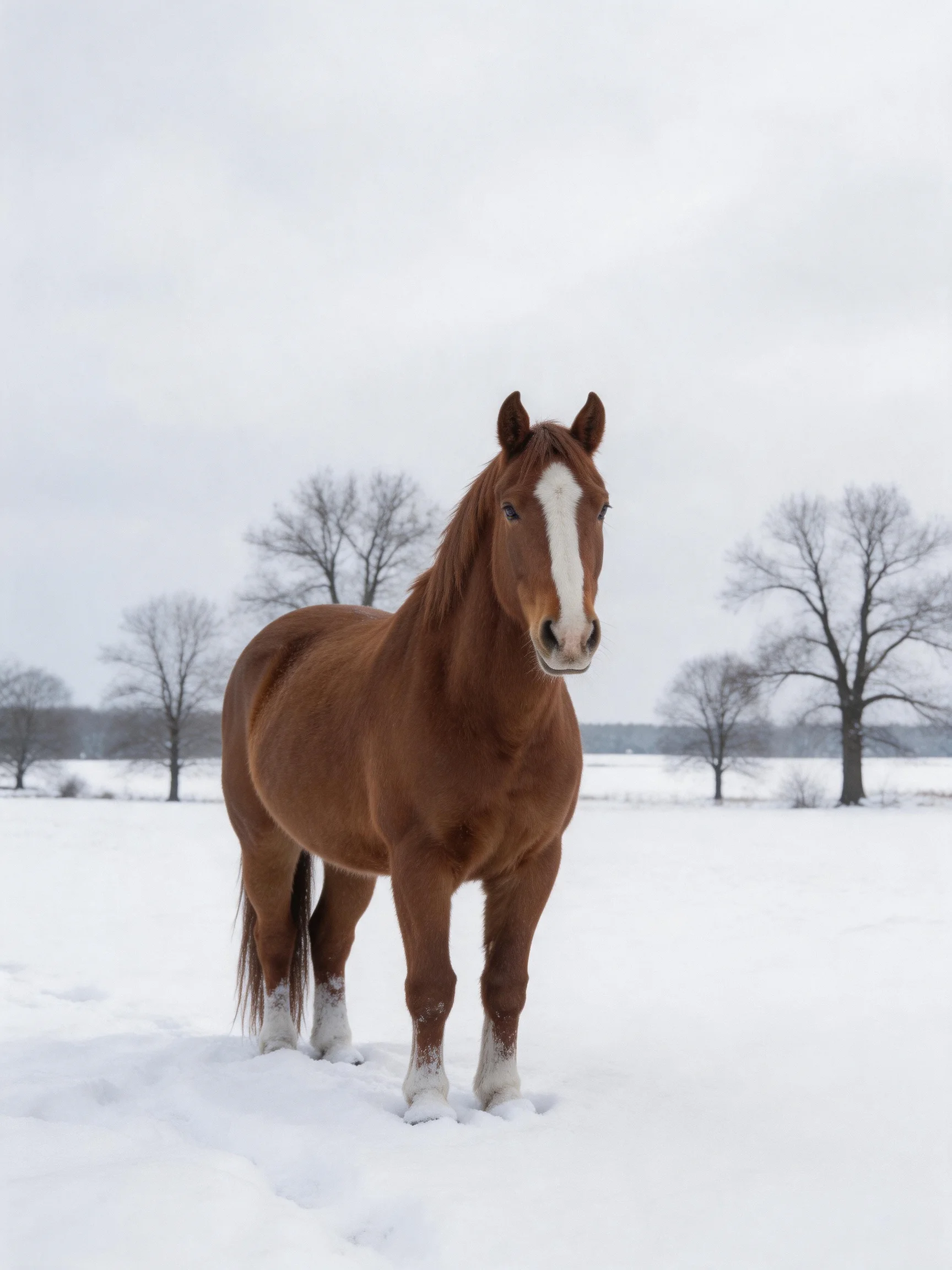 A brown horse with a white facial marking stands in a snowy landscape.