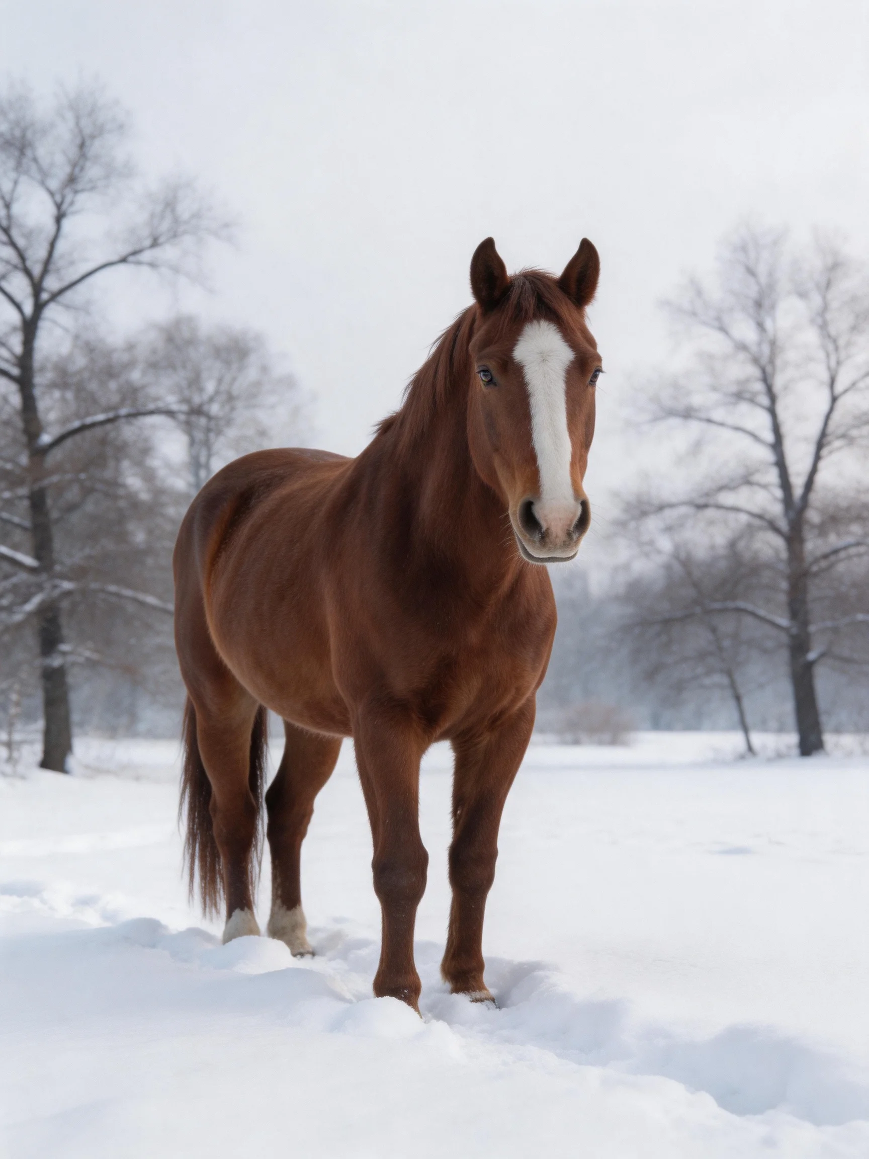 A chestnut horse with a white blaze stands in a snowy open field