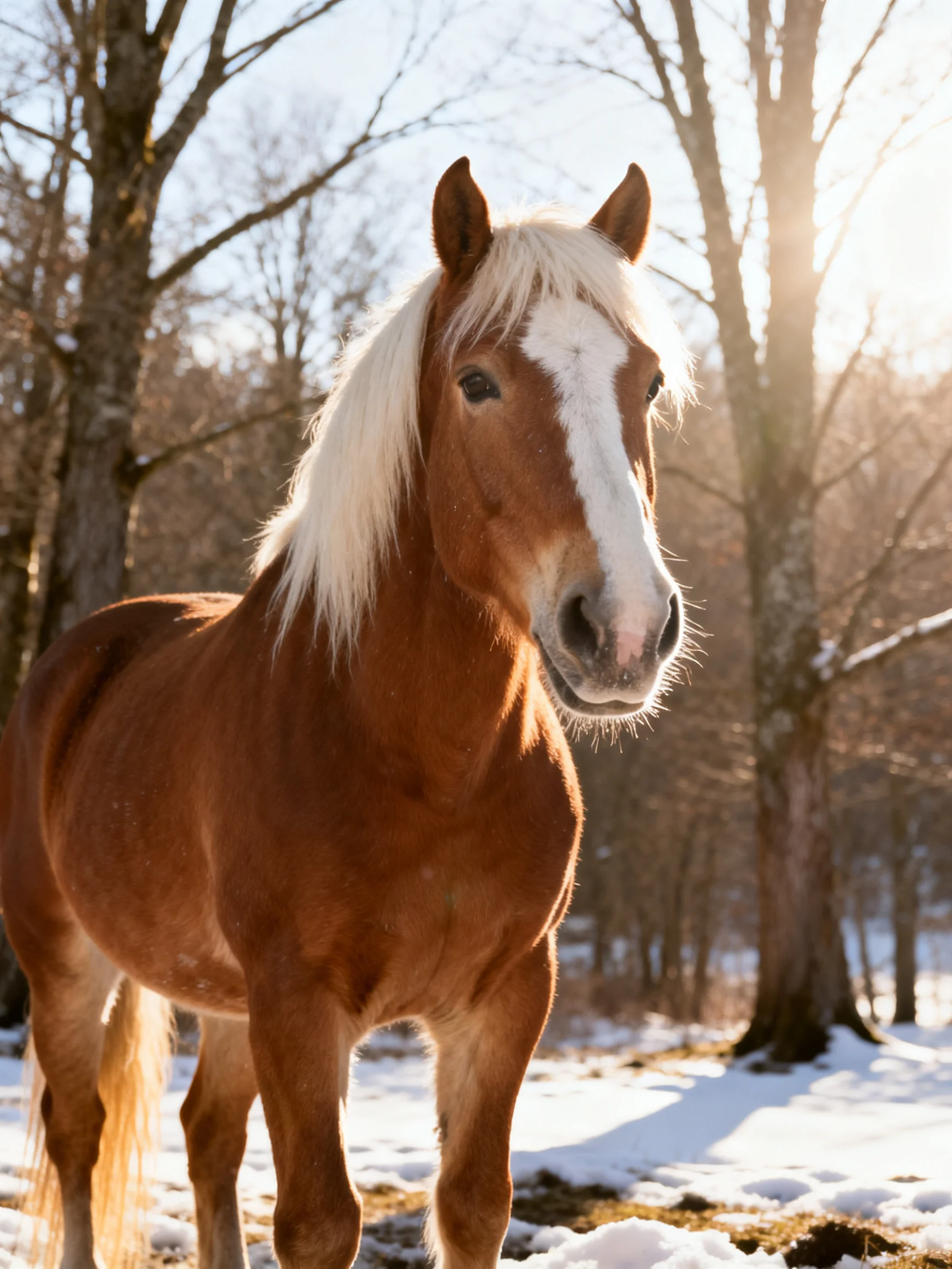 A chestnut horse with a white blaze stands in a snowy wooded area