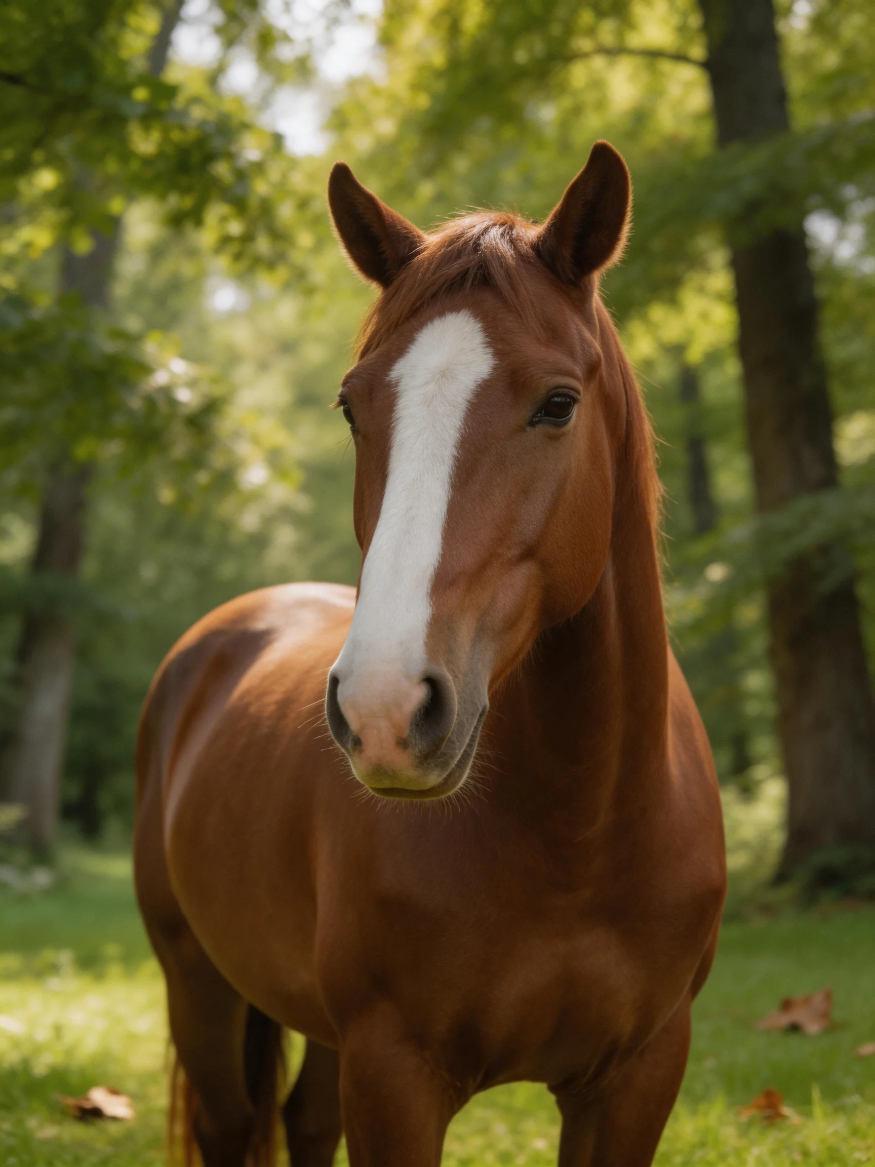A chestnut horse with a white blaze stands calmly in the forest.