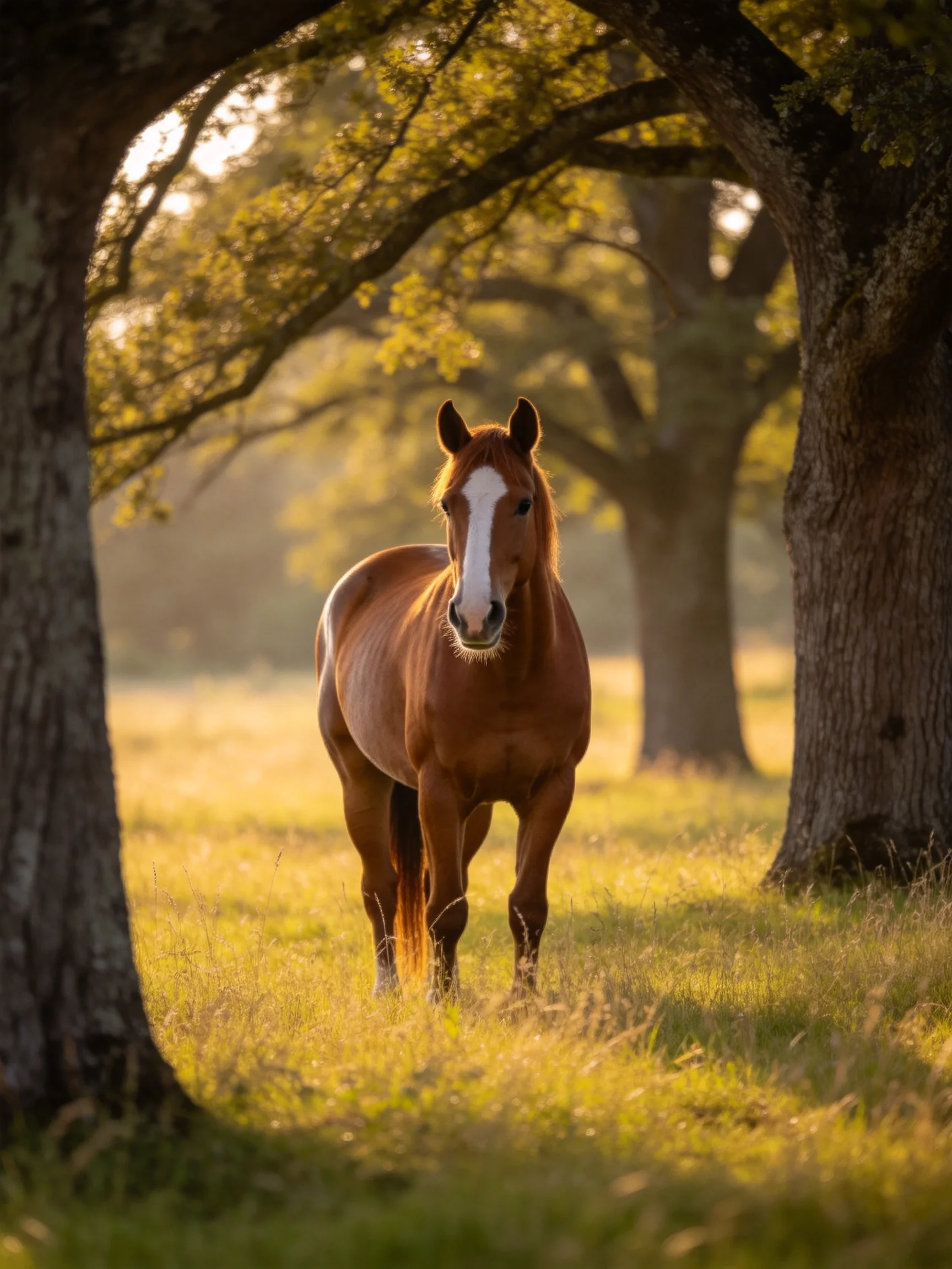 A chestnut horse stands in a sunlit forest glade near tall trees.