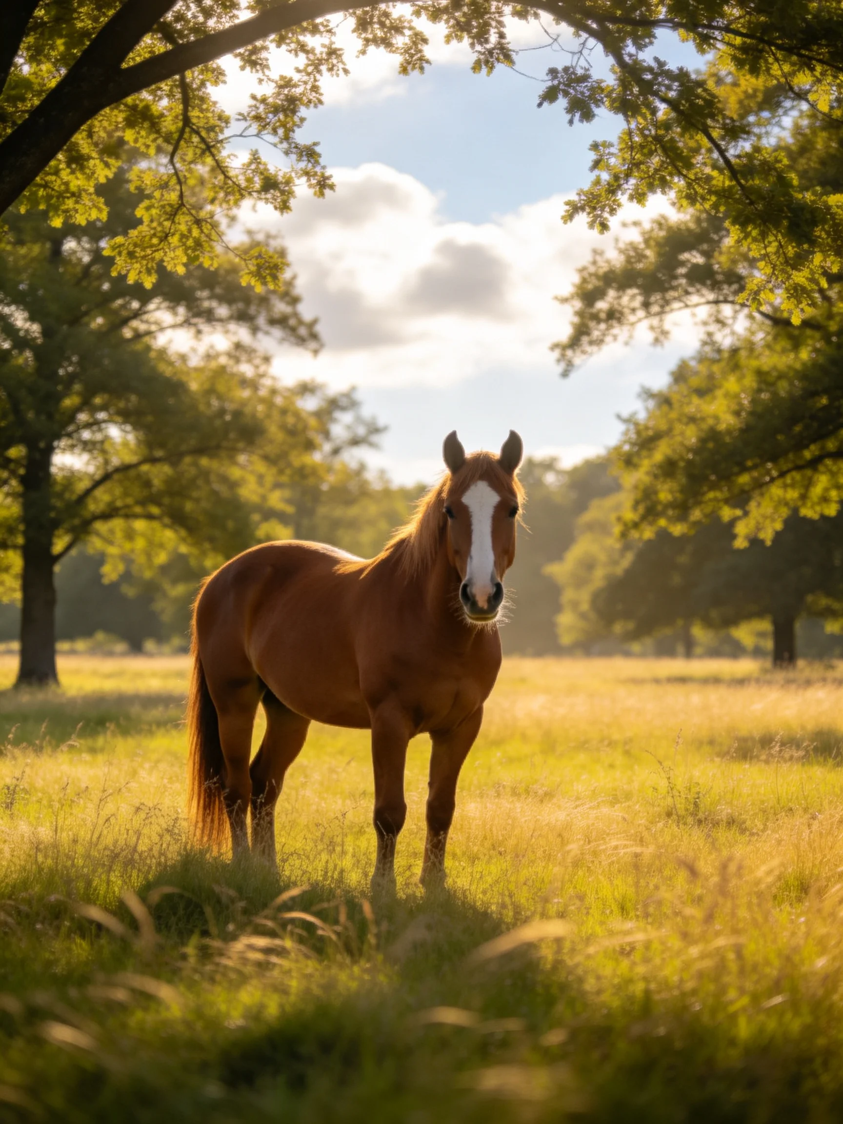 A chestnut horse with a white blaze stands in a sunlit meadow surrounded by trees