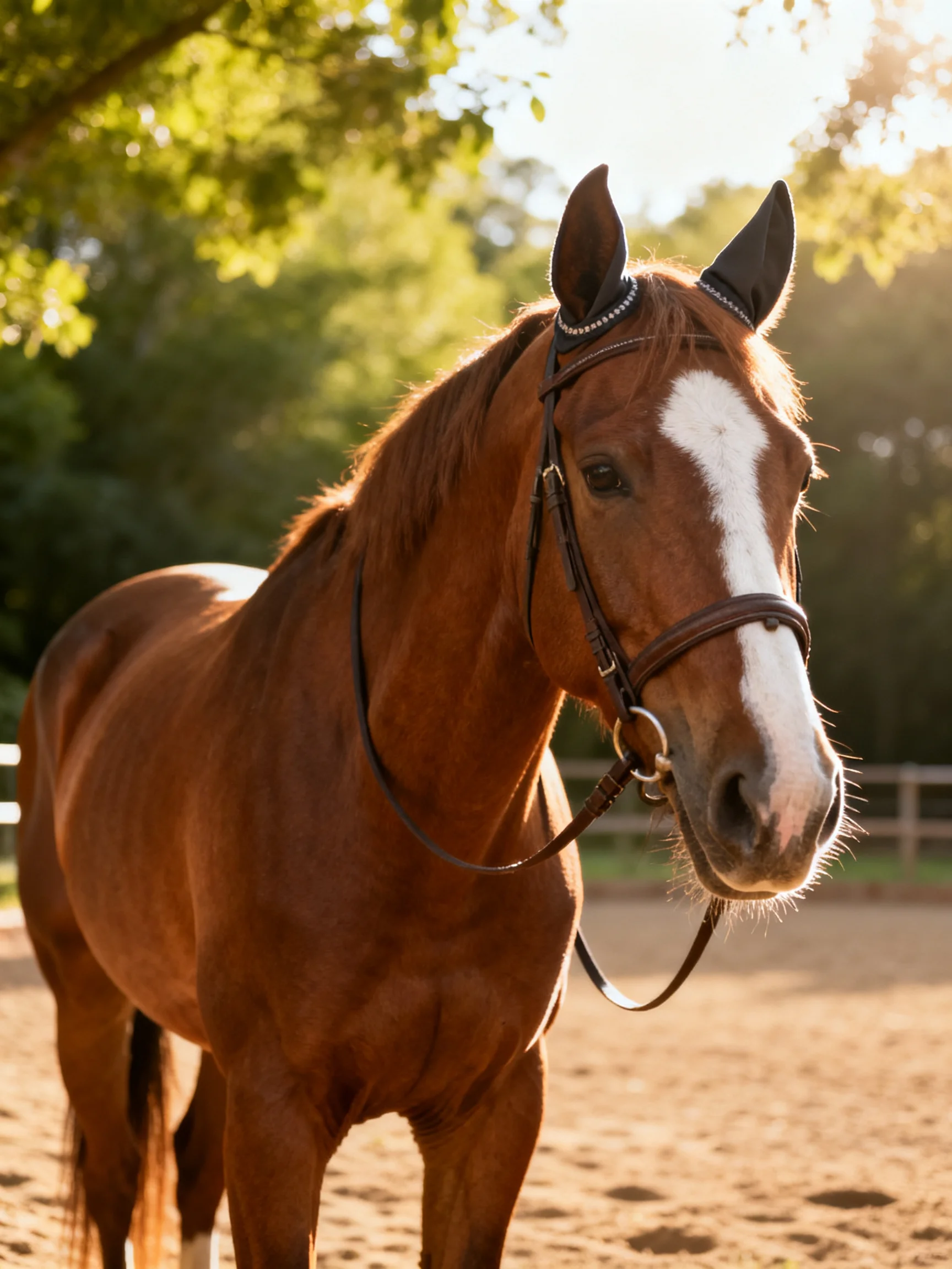 A chestnut horse with a white blaze stands in a sunlit arena