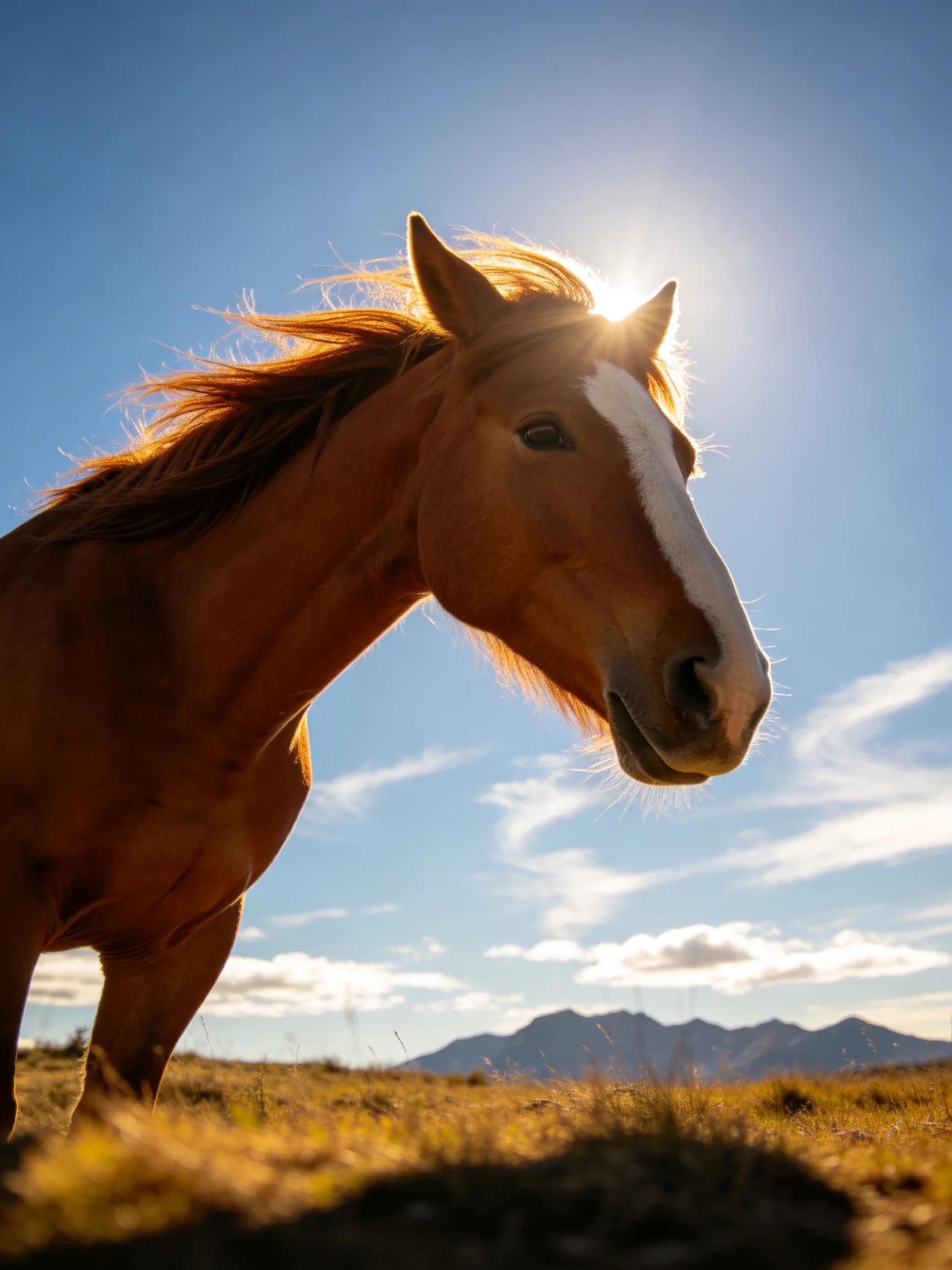 A chestnut horse with a white blaze stands in a sunlit field with distant mountains.