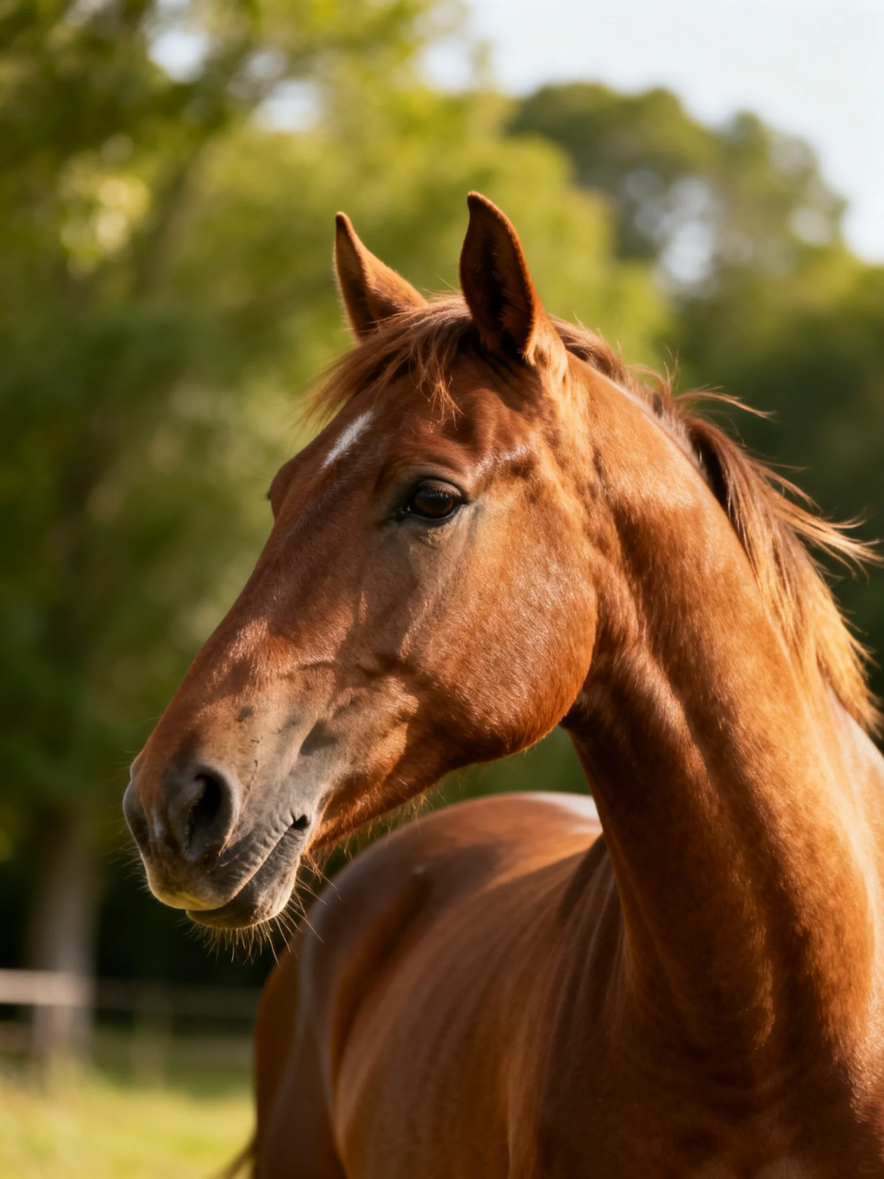 A chestnut horse with a white blaze stands in a sunlit field