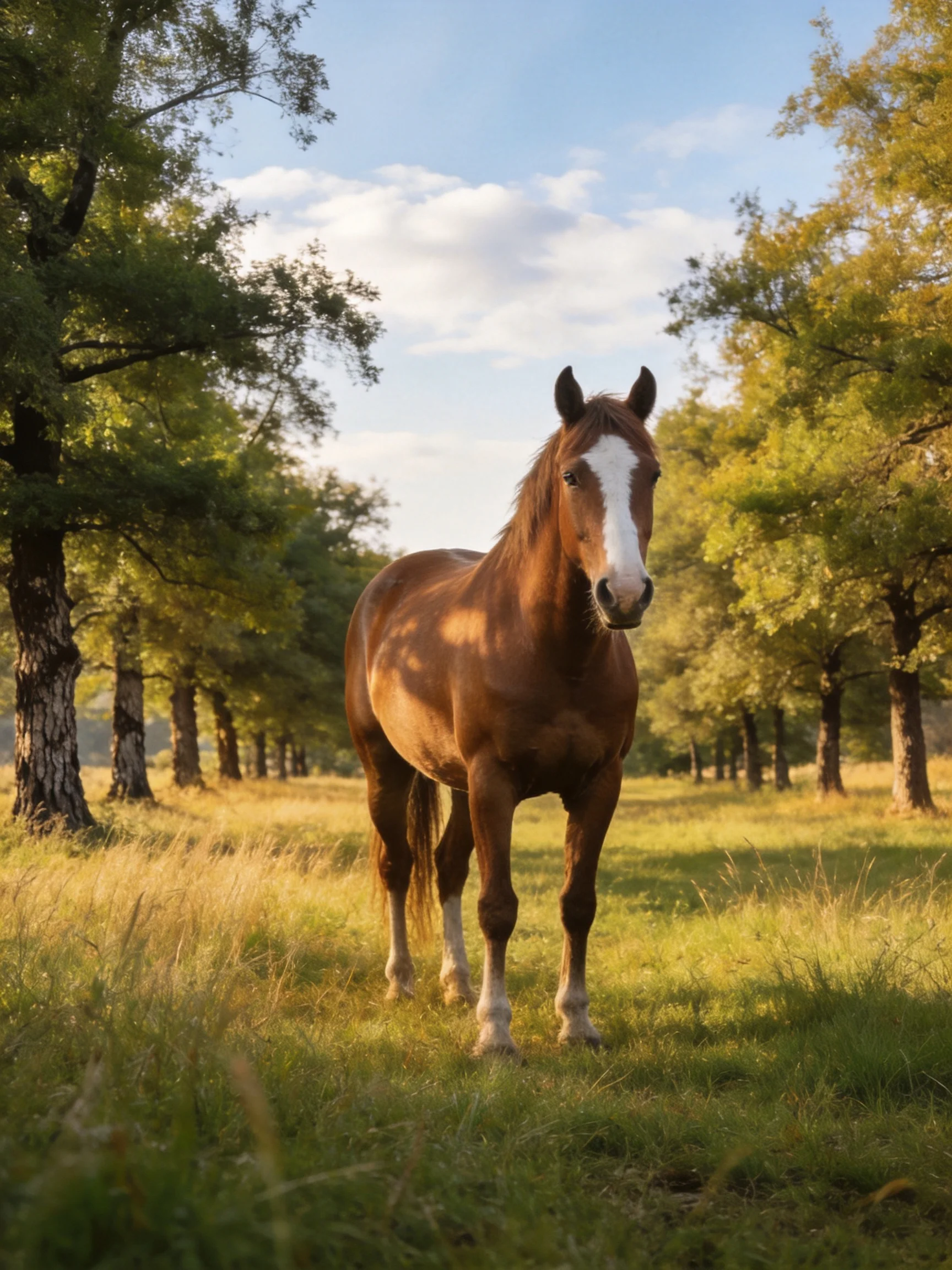 A chestnut horse with a white blaze stands in a sunlit forest clearing