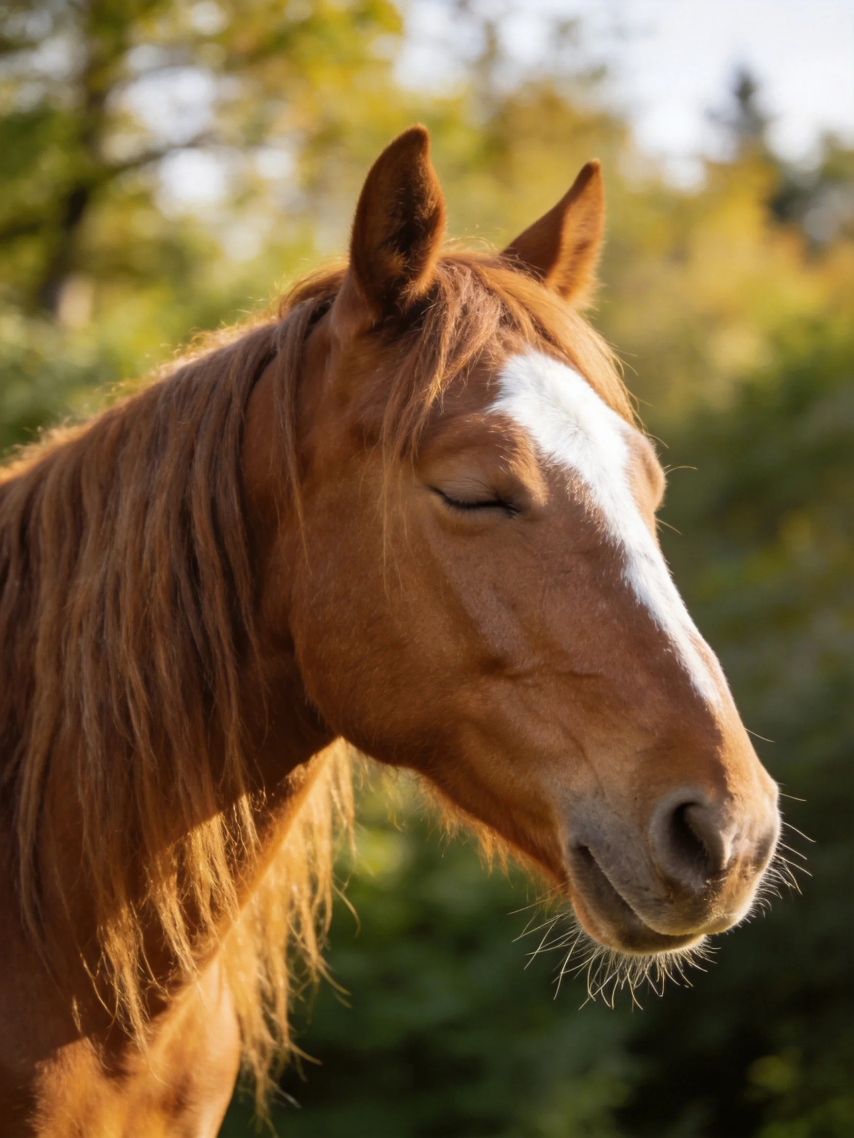 A chestnut horse with a white blaze stands in a sunlit green landscape