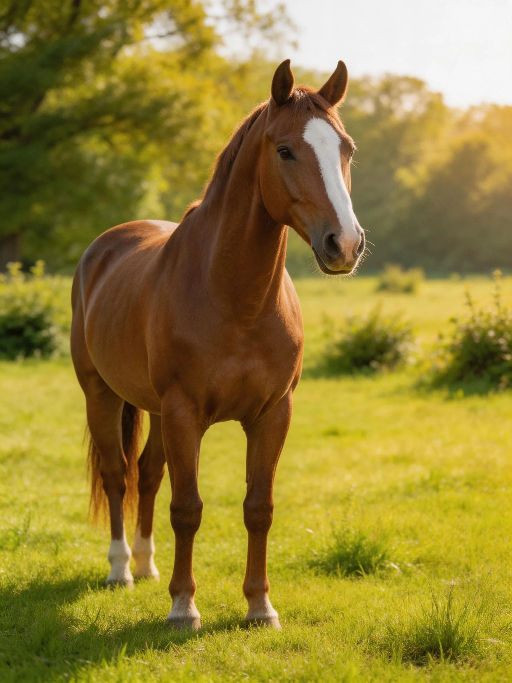A chestnut horse with a white blaze stands in a sunlit green meadow.