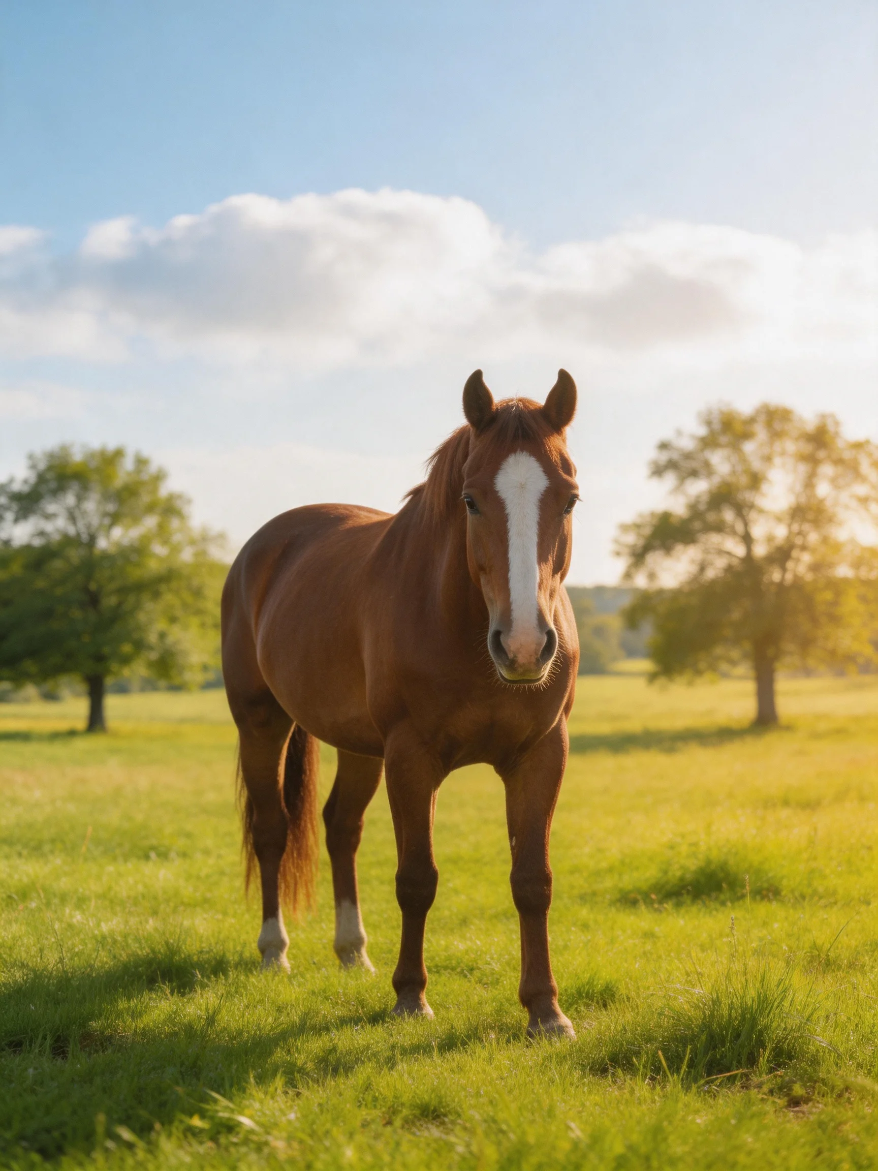 A chestnut horse with a white blaze stands in a sunlit green meadow