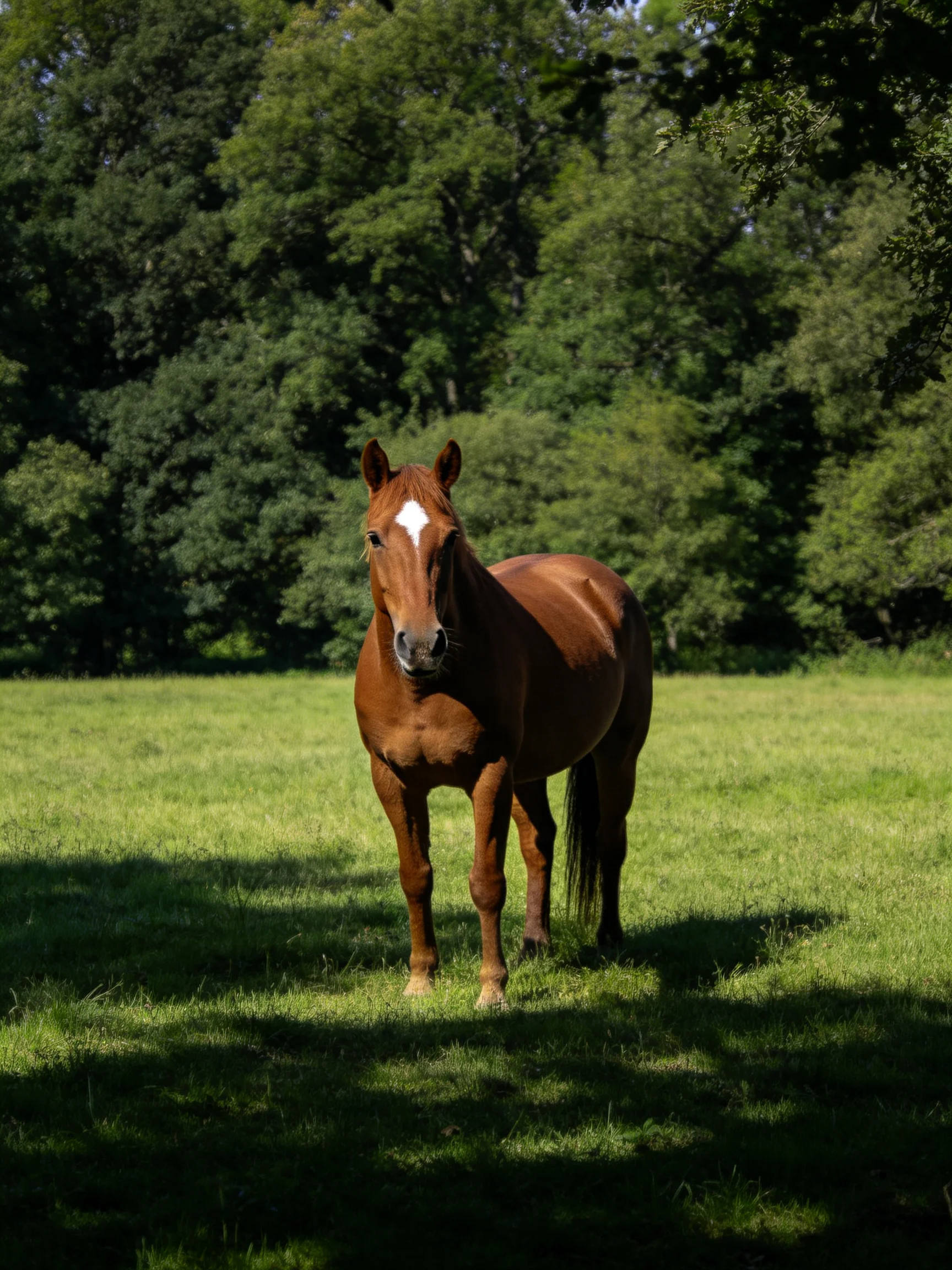 A chestnut horse with a white blaze stands in a sunlit green meadow near dense forest