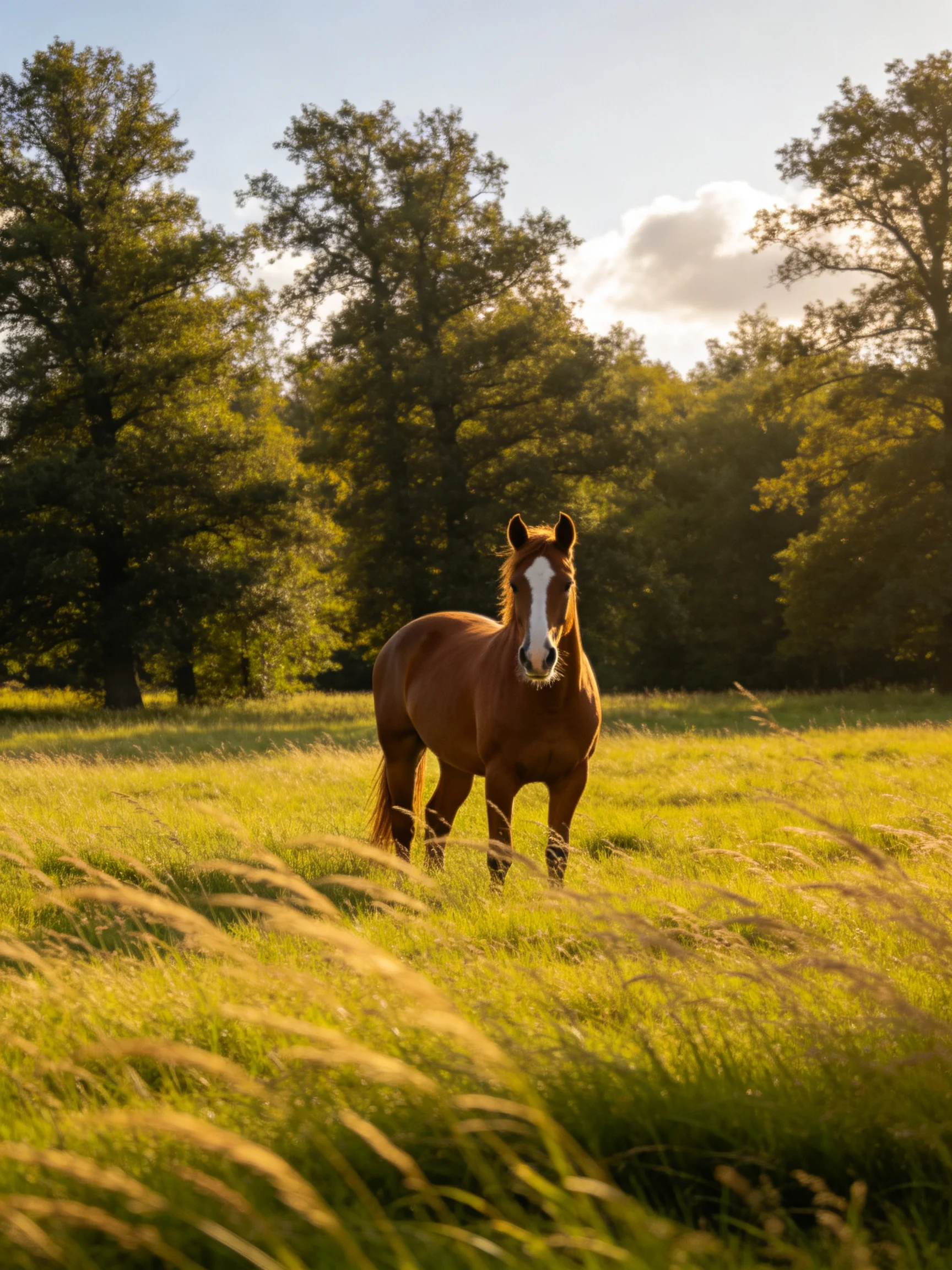 A chestnut horse with a white blaze stands in a sunlit meadow near trees