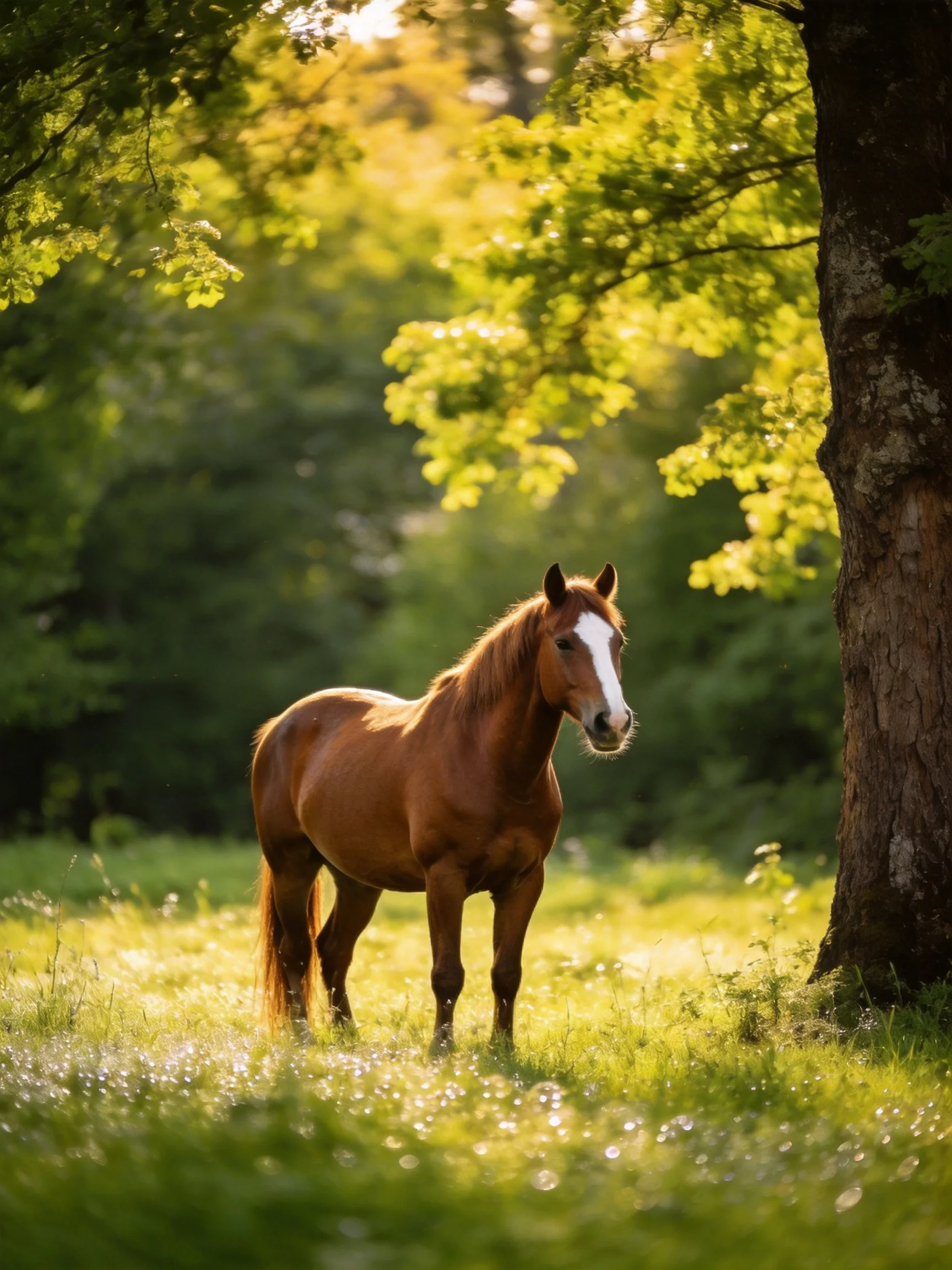 A chestnut horse with a white blaze stands in a sunlit green meadow next to a large tree