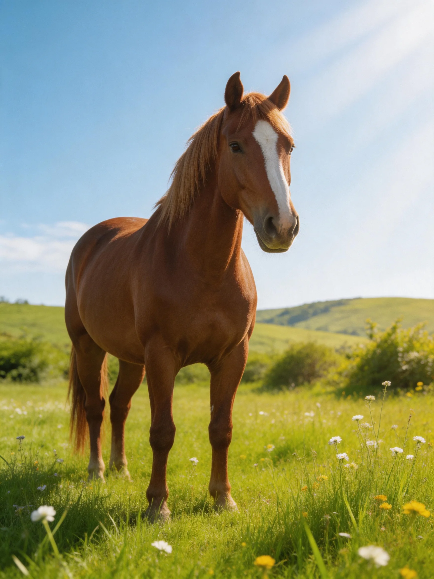 A chestnut horse with a white blaze stands in a sunlit green meadow