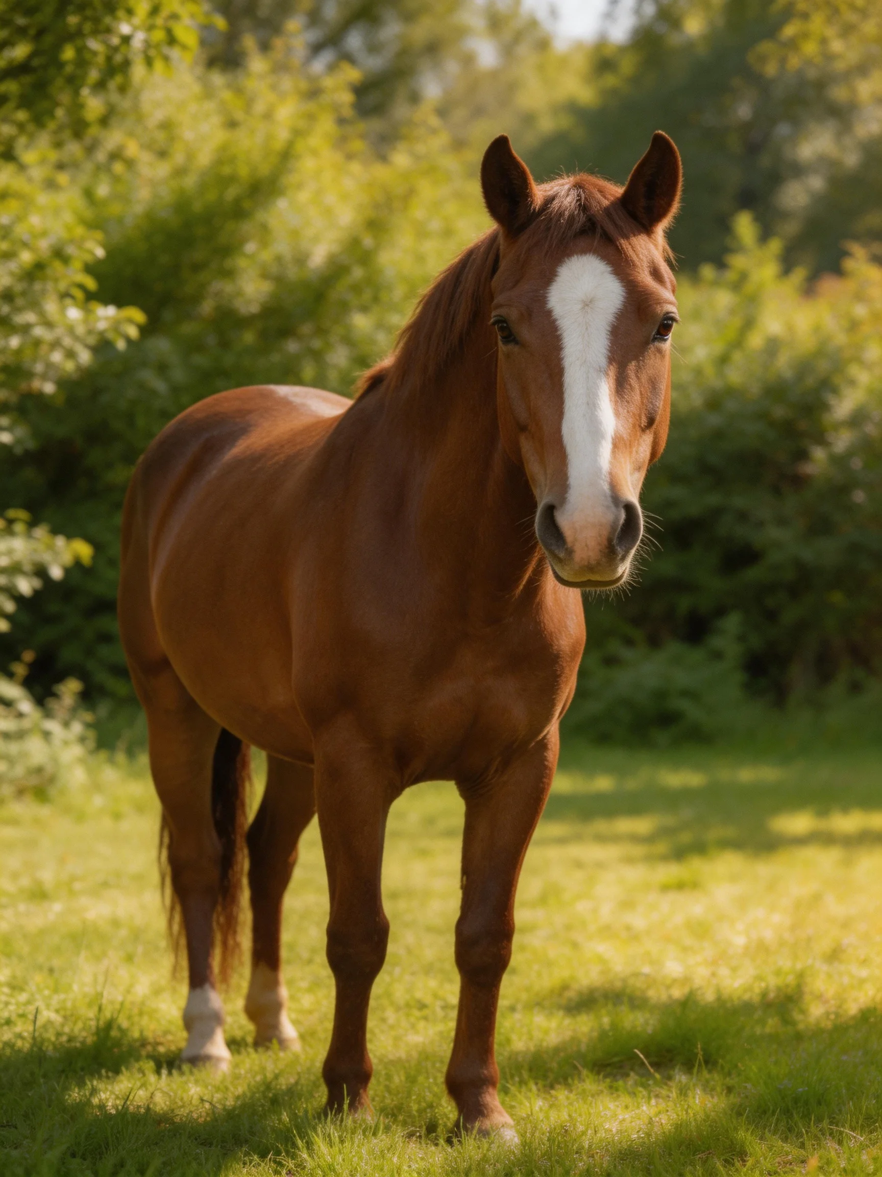 A chestnut horse with a white blaze stands in a sunlit green meadow