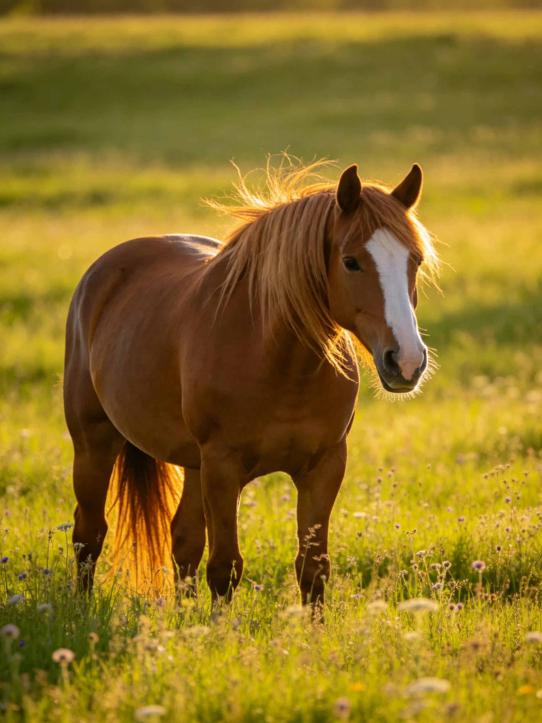 A chestnut horse with a white blaze stands in a sun-drenched meadow.
