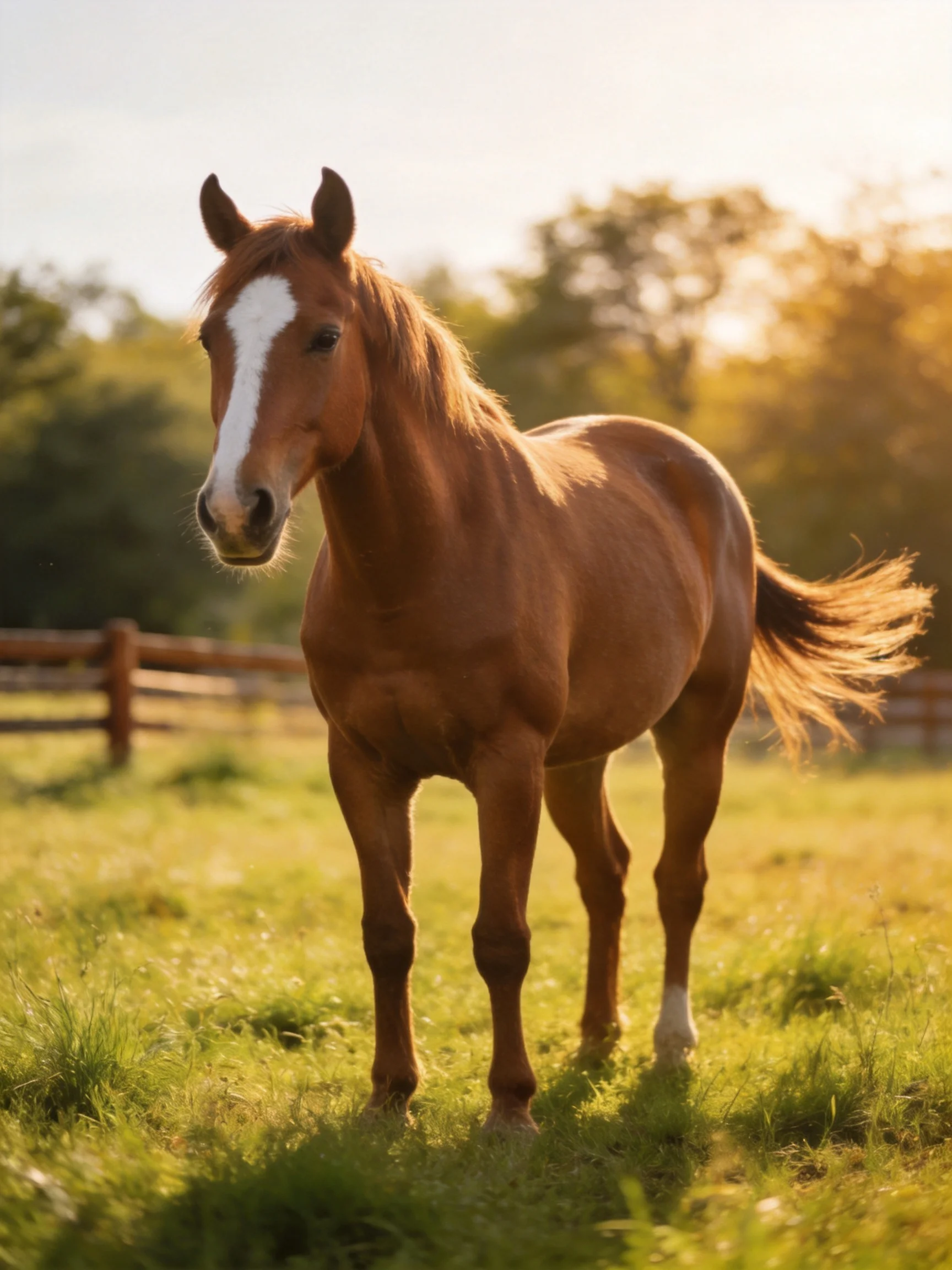 A chestnut horse with a white blaze stands in a sunlit green pasture