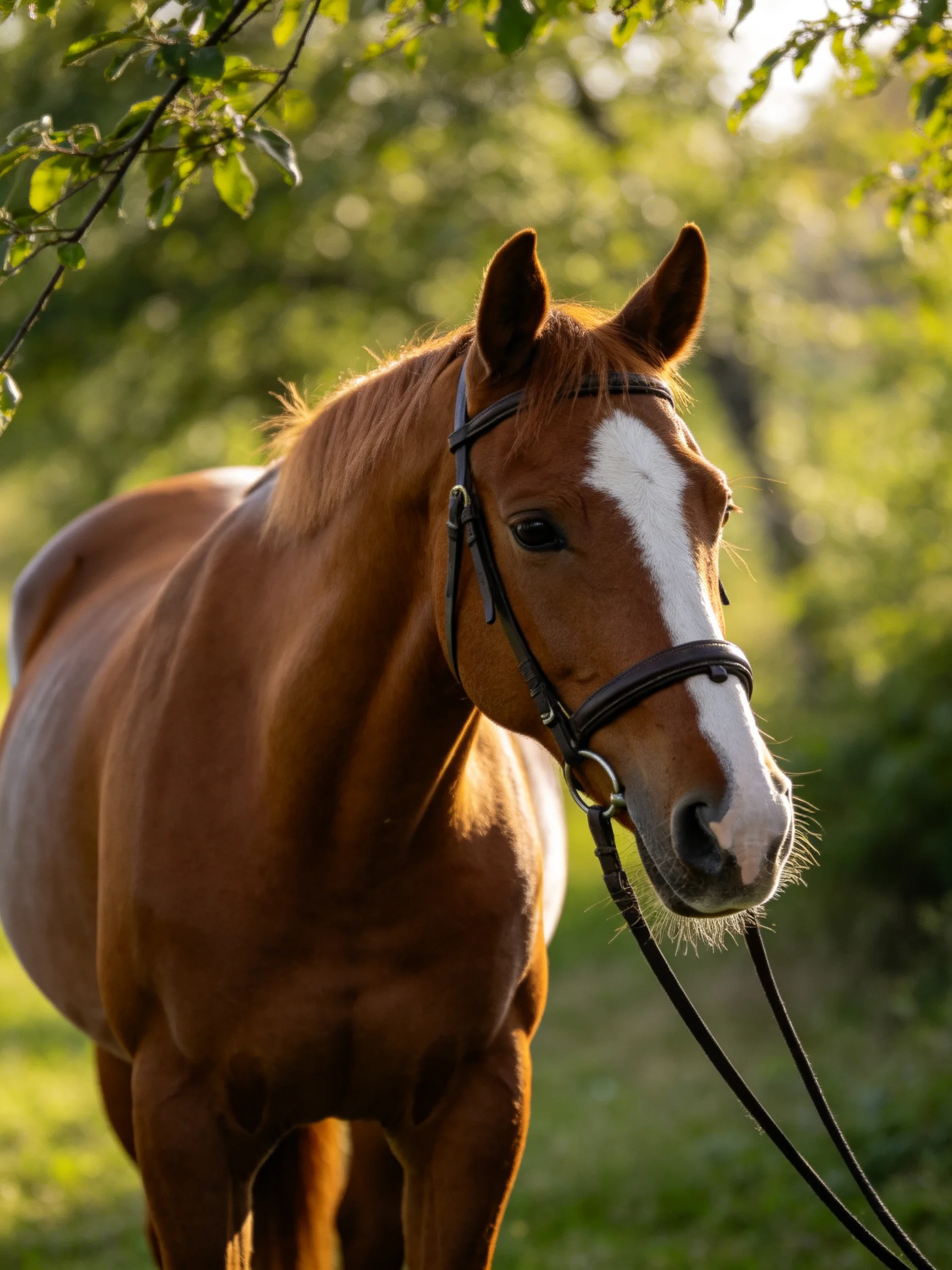 A chestnut horse with a white blaze stands calmly amid sunlit greenery.