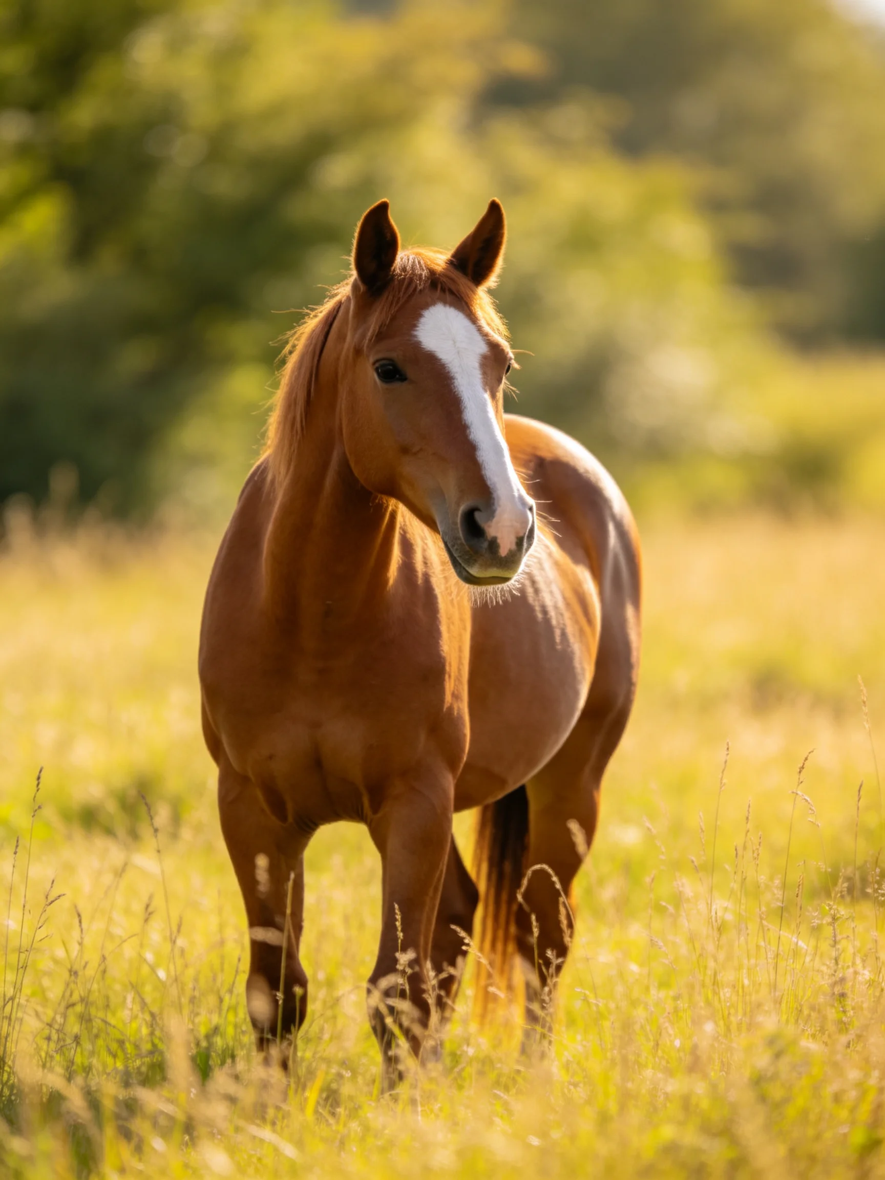 A chestnut horse with a white blaze stands in a sunlit meadow.