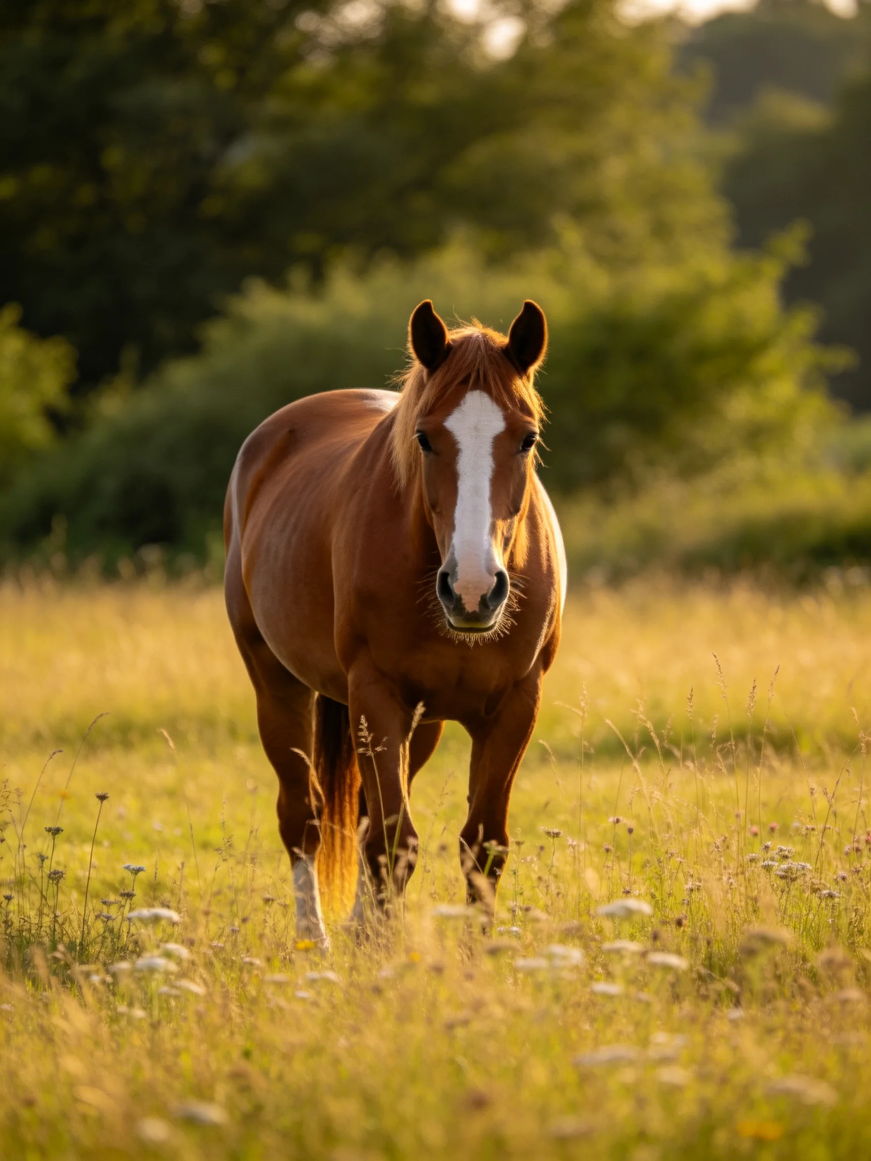 A chestnut horse with a white blaze stands in a sunlit meadow