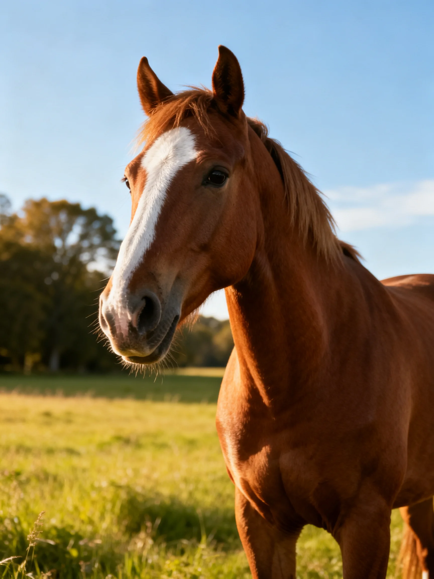 A chestnut horse with a white blaze stands in a sunlit meadow