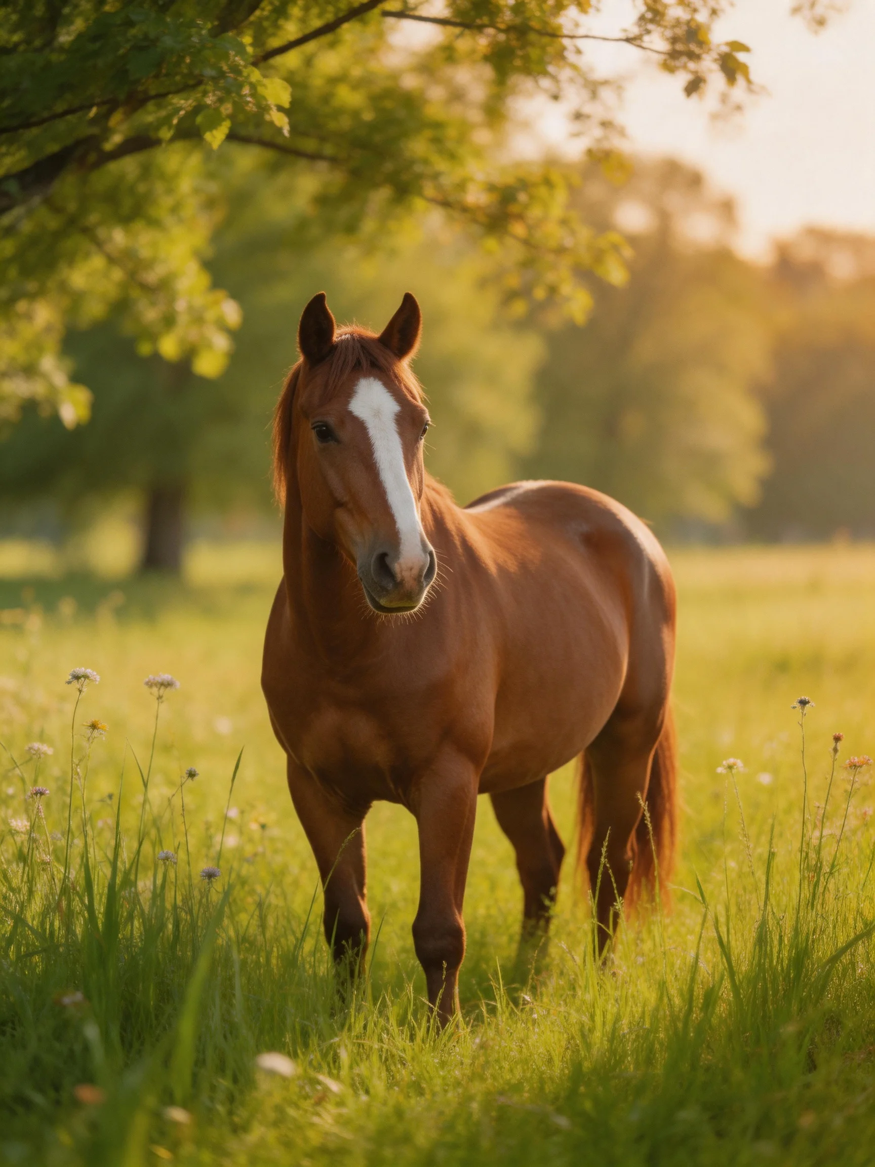 A chestnut horse with a white blaze stands in a sunlit meadow.