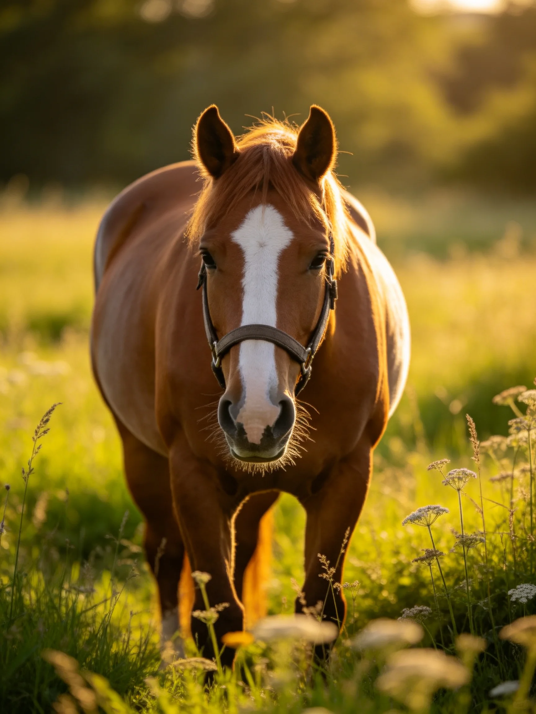 A chestnut horse with a white blaze stands in a sunlit meadow