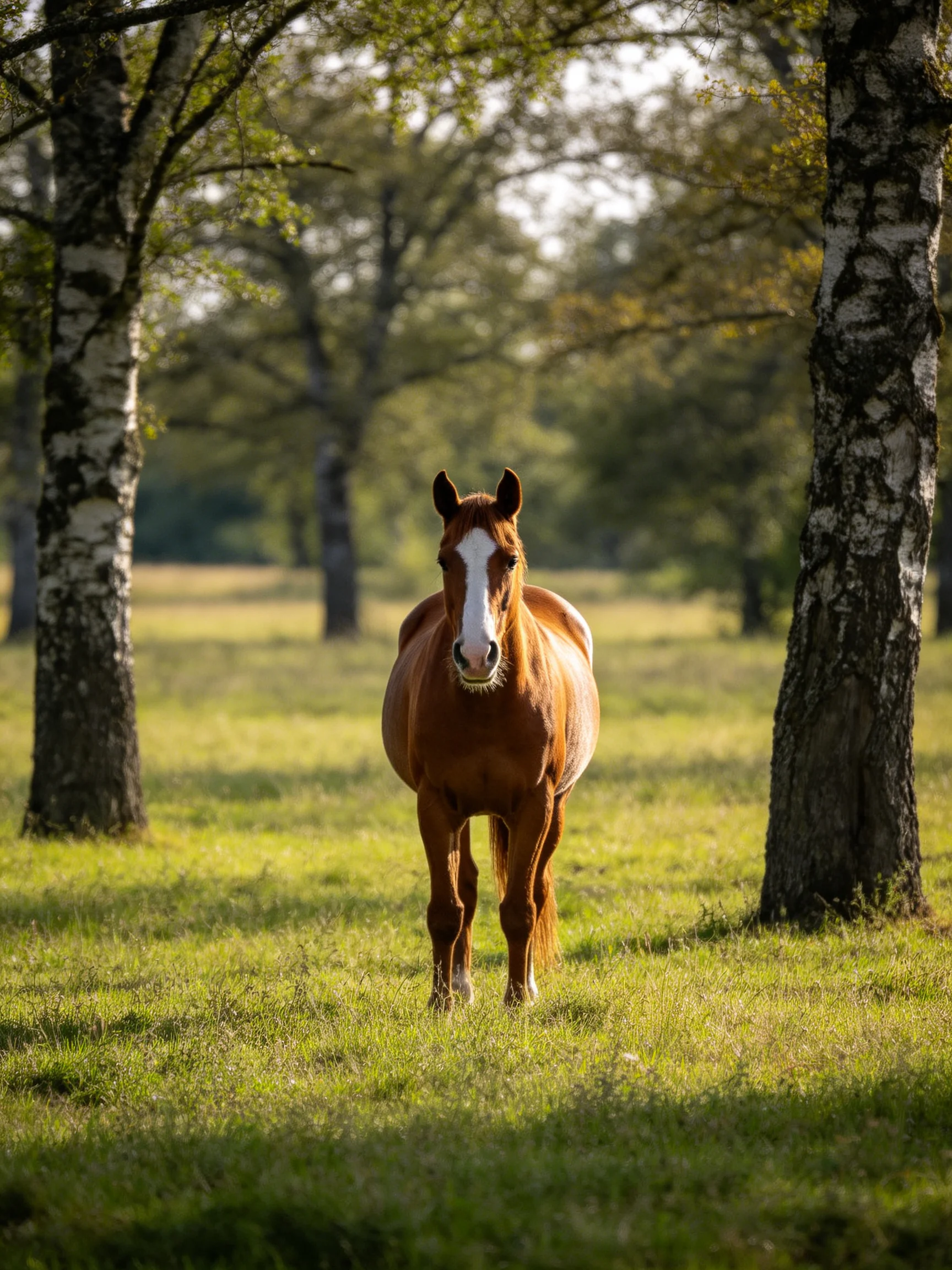 A chestnut horse with a white blaze stands in a sunlit meadow near trees