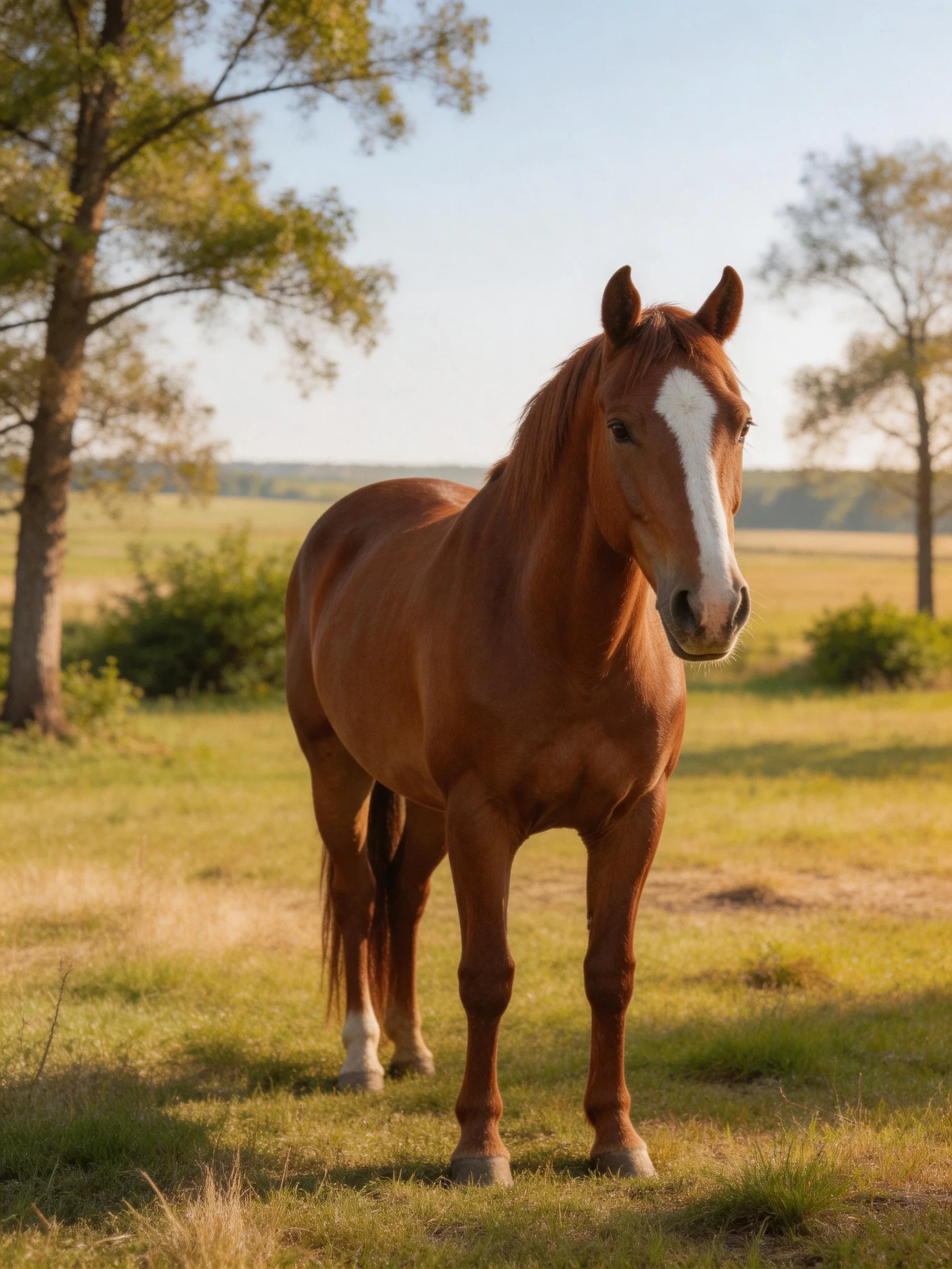 A chestnut horse with a white blaze stands in a sunlit meadow